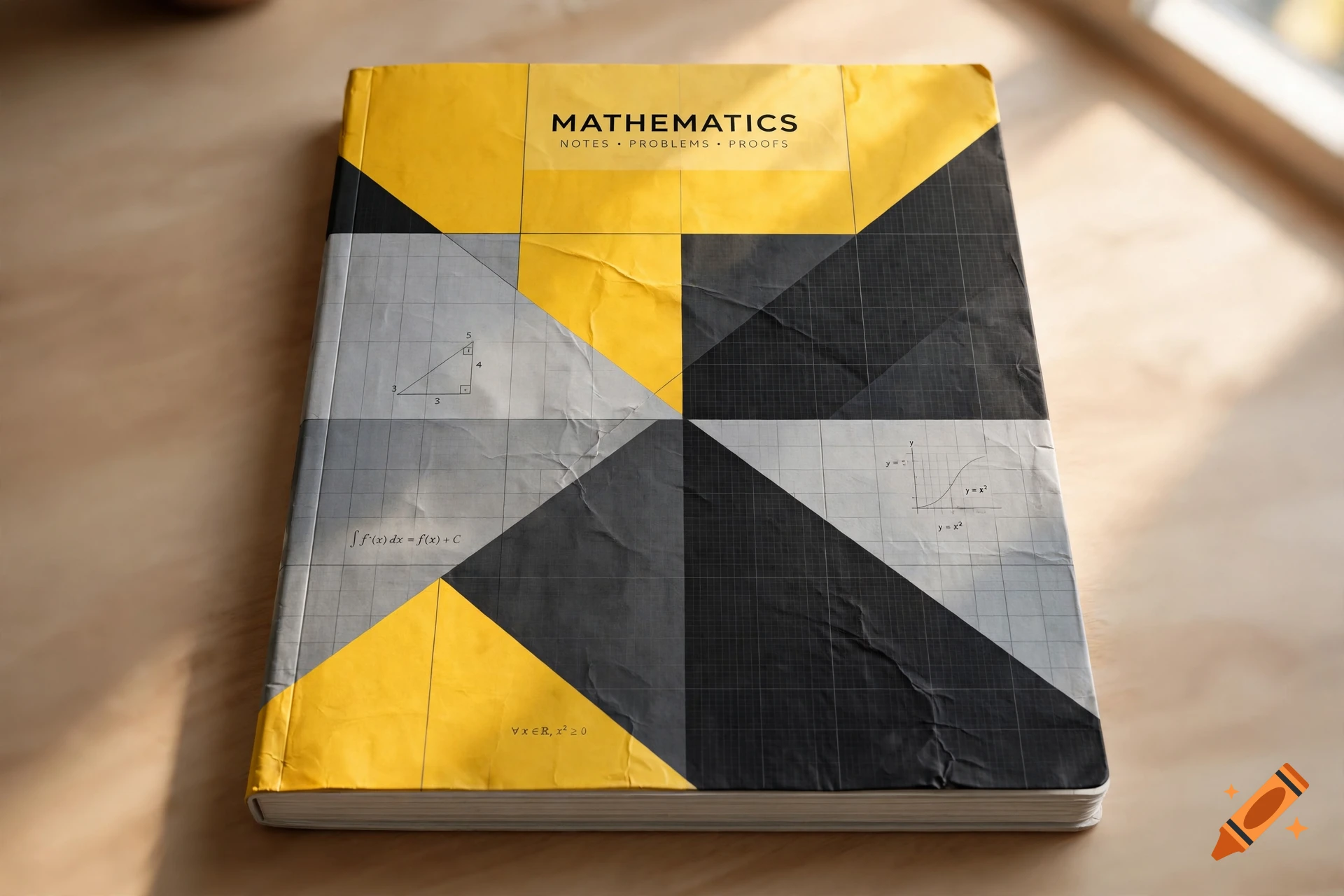 A photograph of a math notebook with a yellow, grey, and black geometric cover.