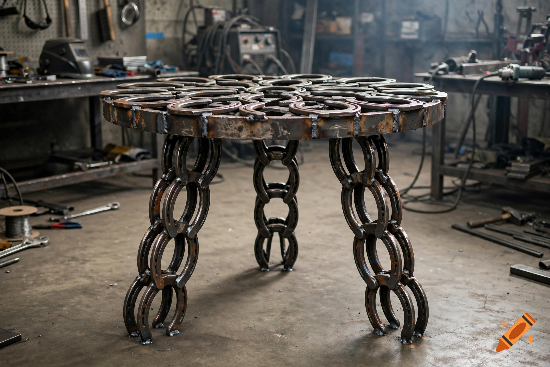 Photorealistic image of a metal table with a top and three legs made of welded horseshoes, set inside a messy workshop.