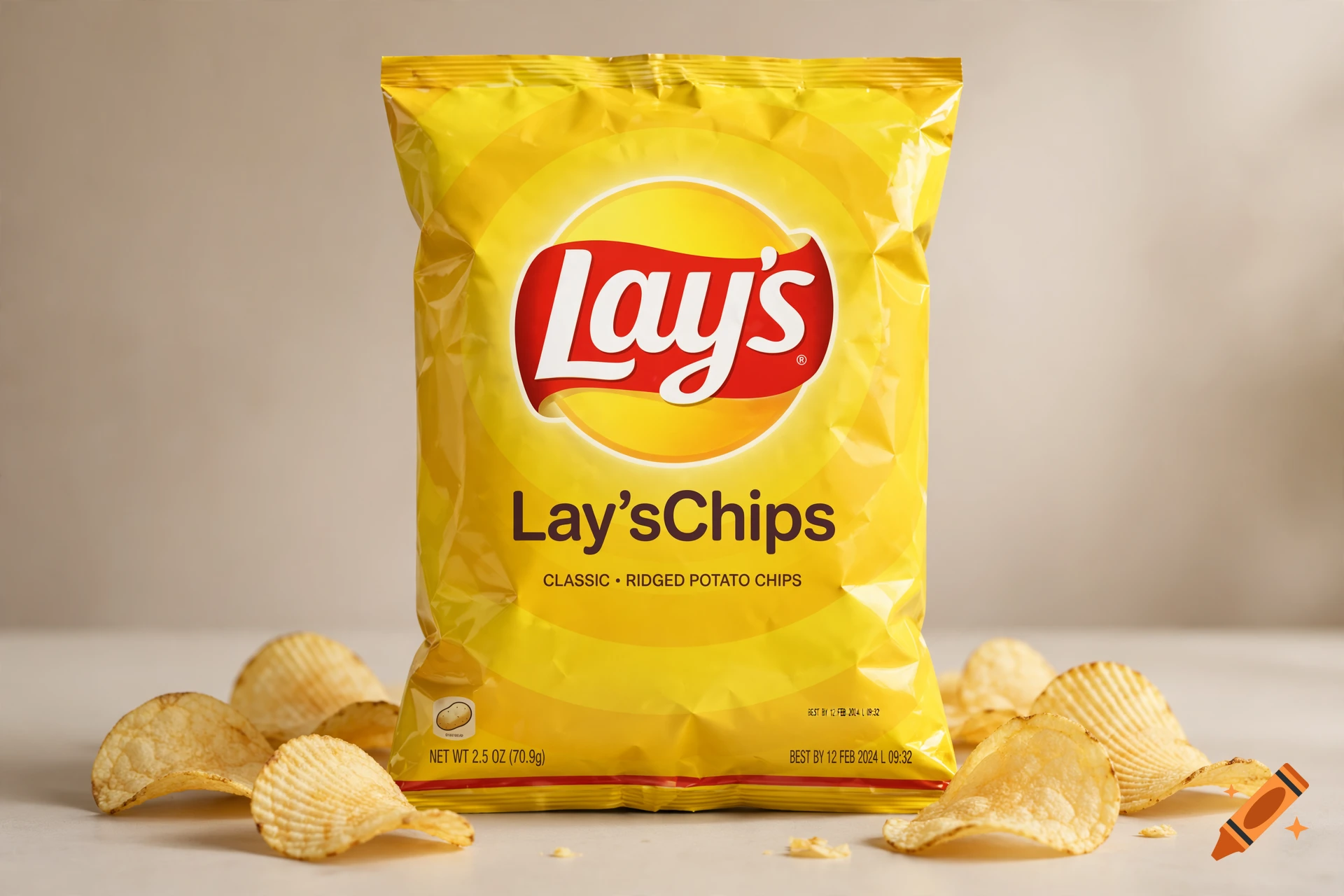 A bag of Lay's potato chips centered on a surface, surrounded by several ridged potato chips, photorealistic.