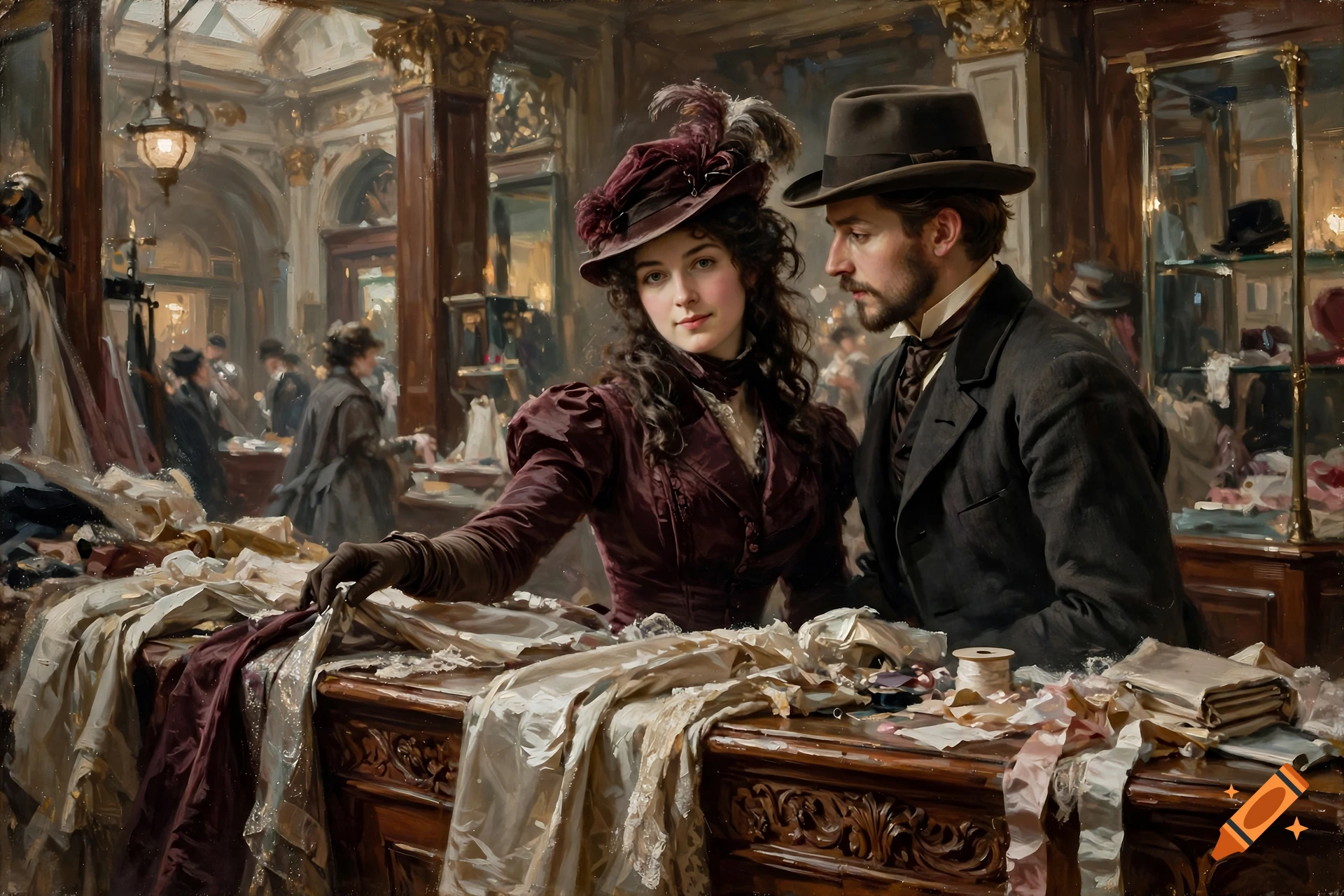 Oil painting in John Singer Sargent style of a Victorian couple in an 1890s department store looking at luxury goods.