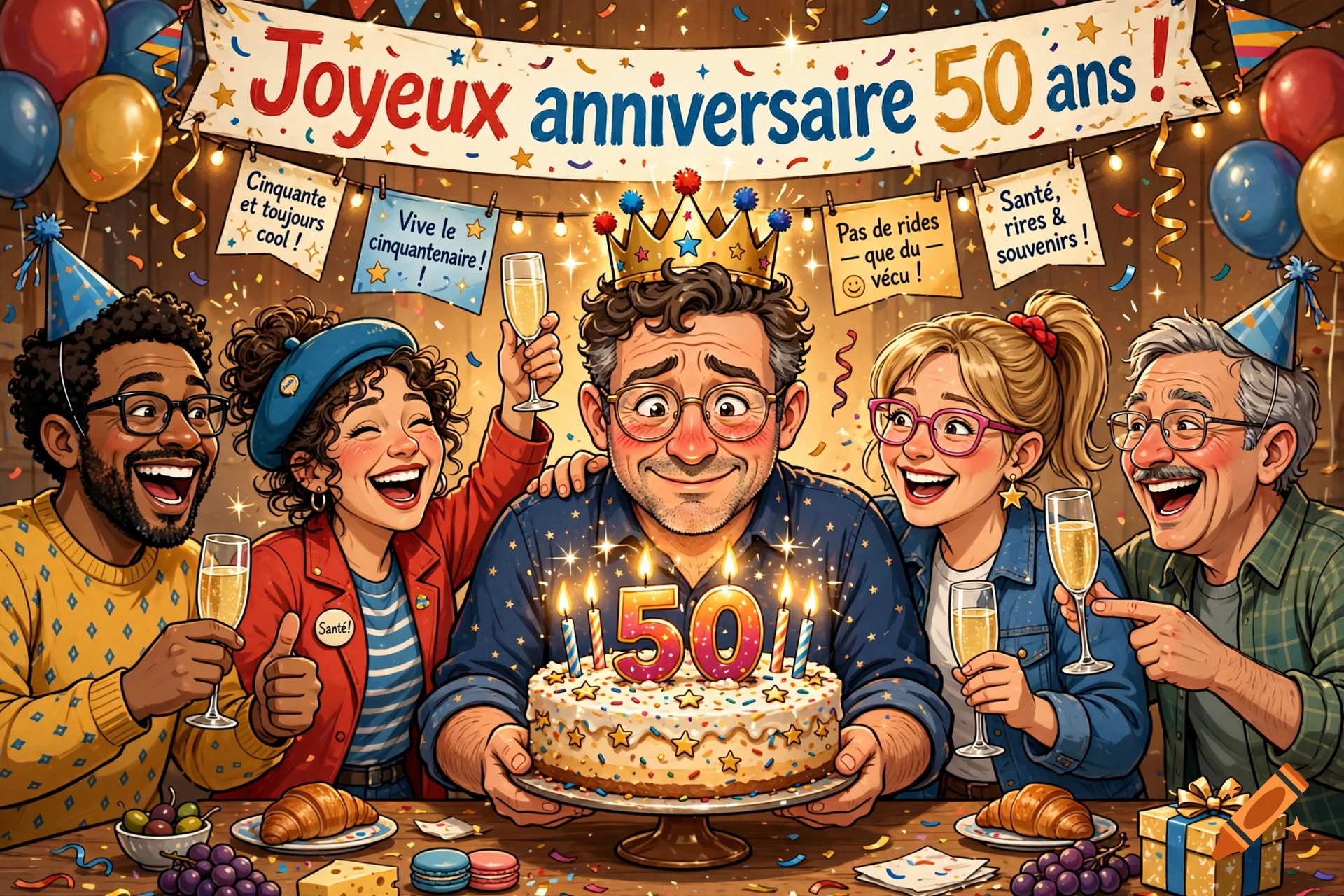 Digital illustration of five smiling friends celebrating a 50th birthday with a cake, drinks, and party decorations.
