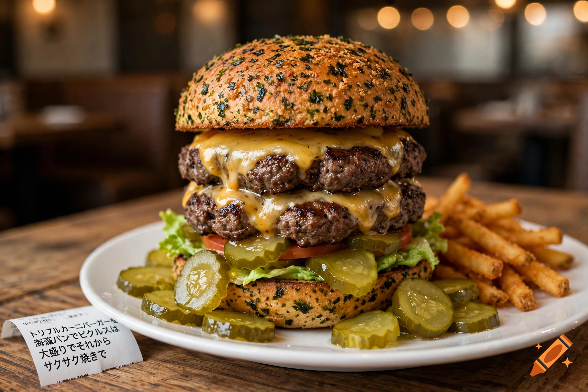 Photorealistic close-up of a double patty cheeseburger with seaweed-flecked buns and pickles on a white plate with french fries.