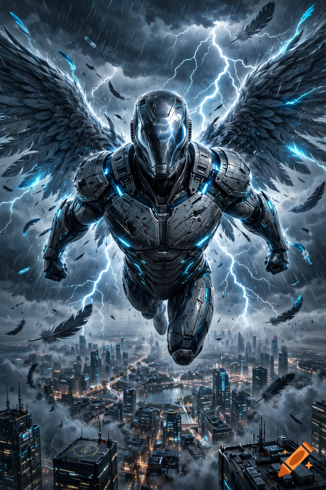 A digital painting of a superhero in a grey and blue armored suit with wings and a helmet, flying over a city during a lightning storm.