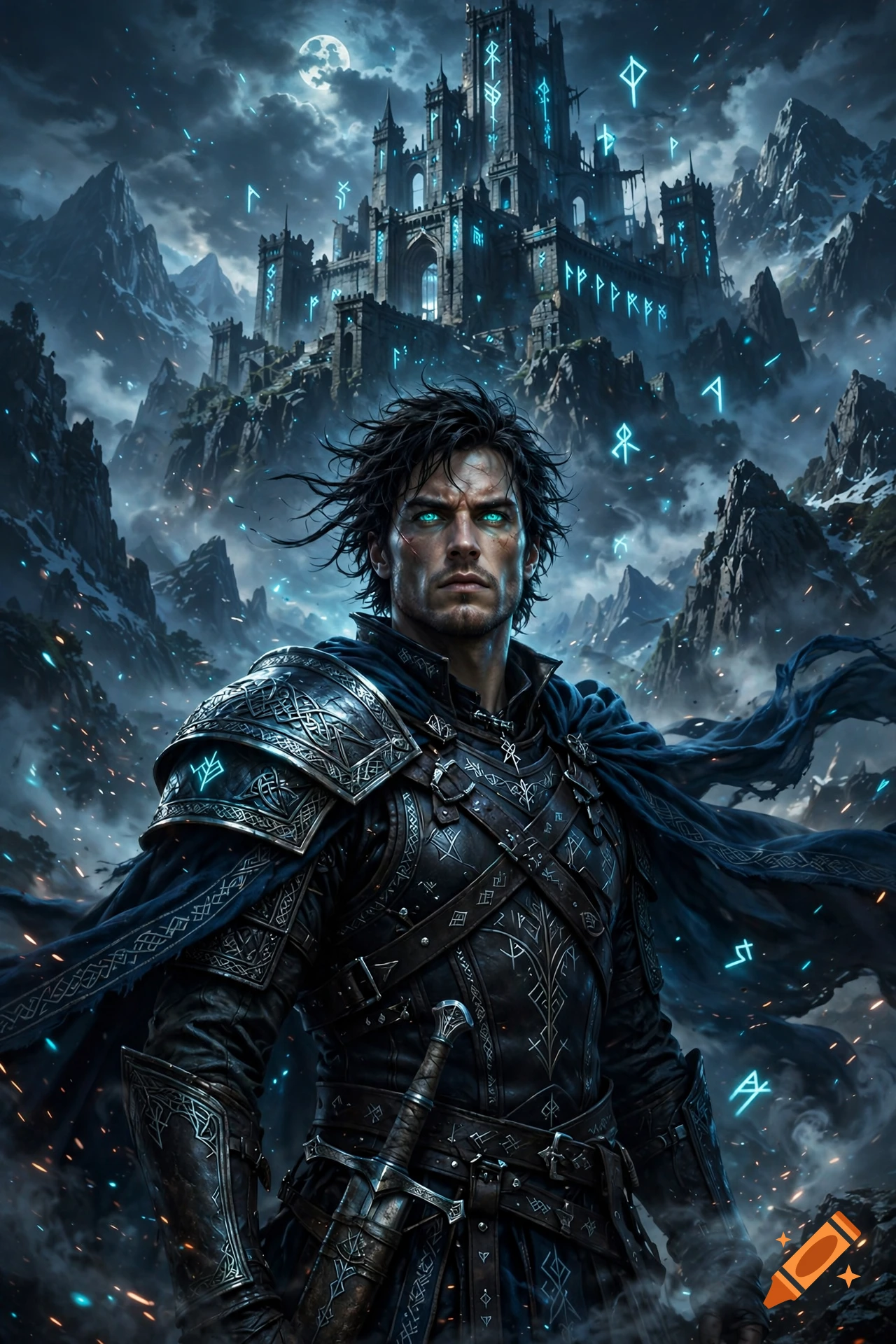 Digital art of a fantasy warrior with dark hair and turquoise eyes in ornate dark armor, standing before a castle in the mountains.