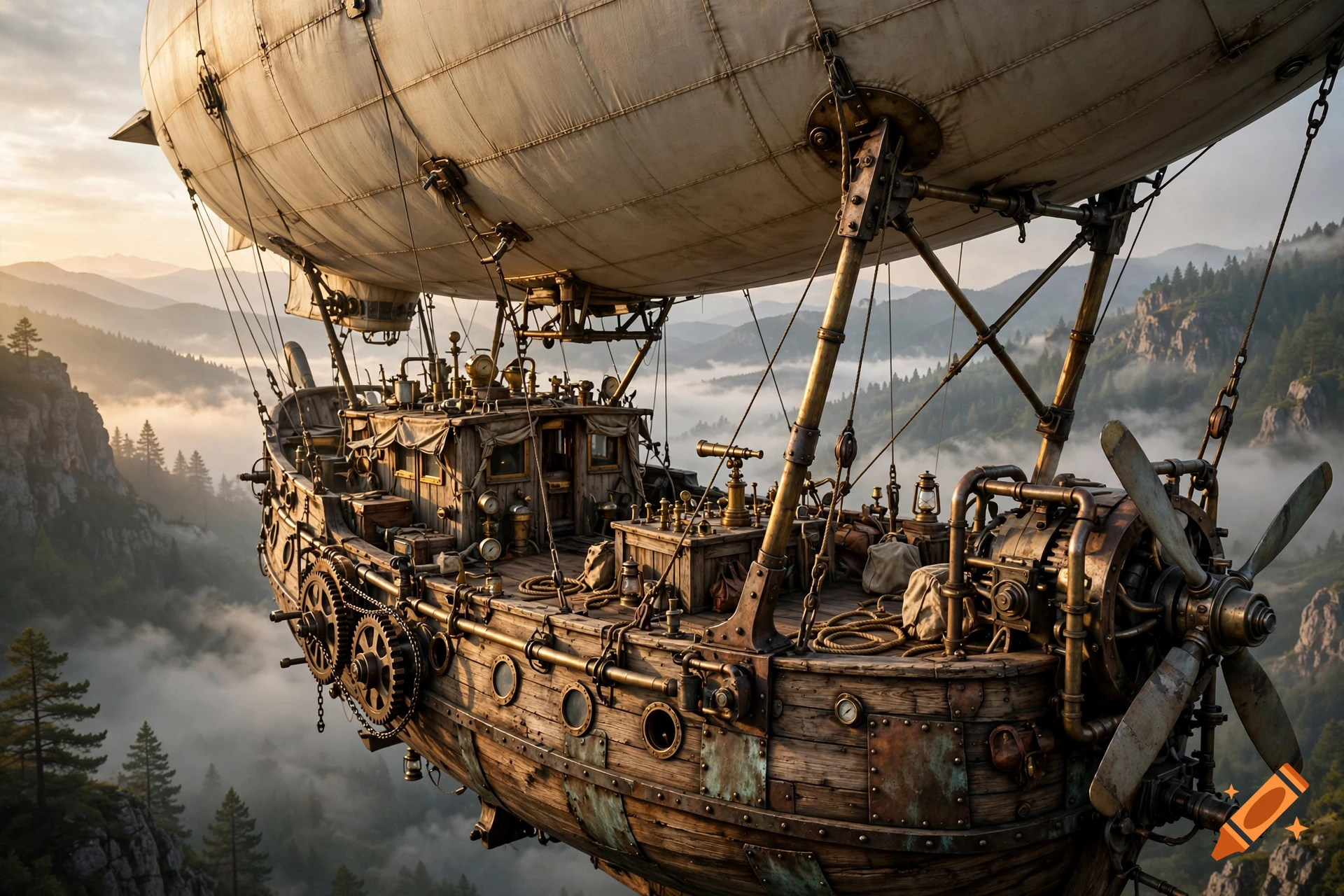 A rustic steampunk airship with a large blimp floating above misty mountains at sunrise, photorealistic style.