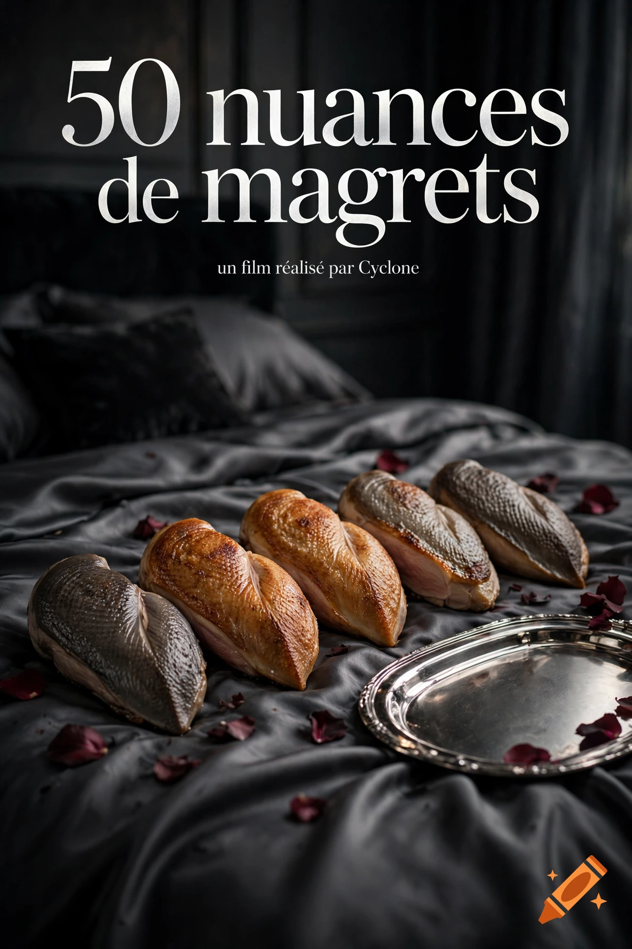 Photorealistic poster featuring five duck breasts arranged on a dark silk bedsheet, with large French text reading 50 nuances de magrets.