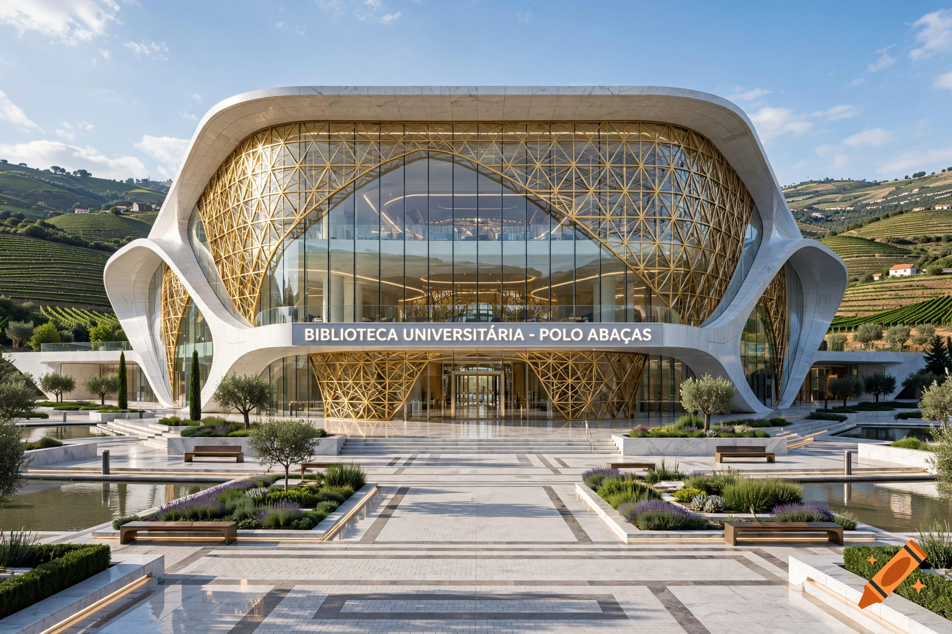 Architectural photograph of a futuristic university library with glass walls and golden lattices in Abaças, Portugal.