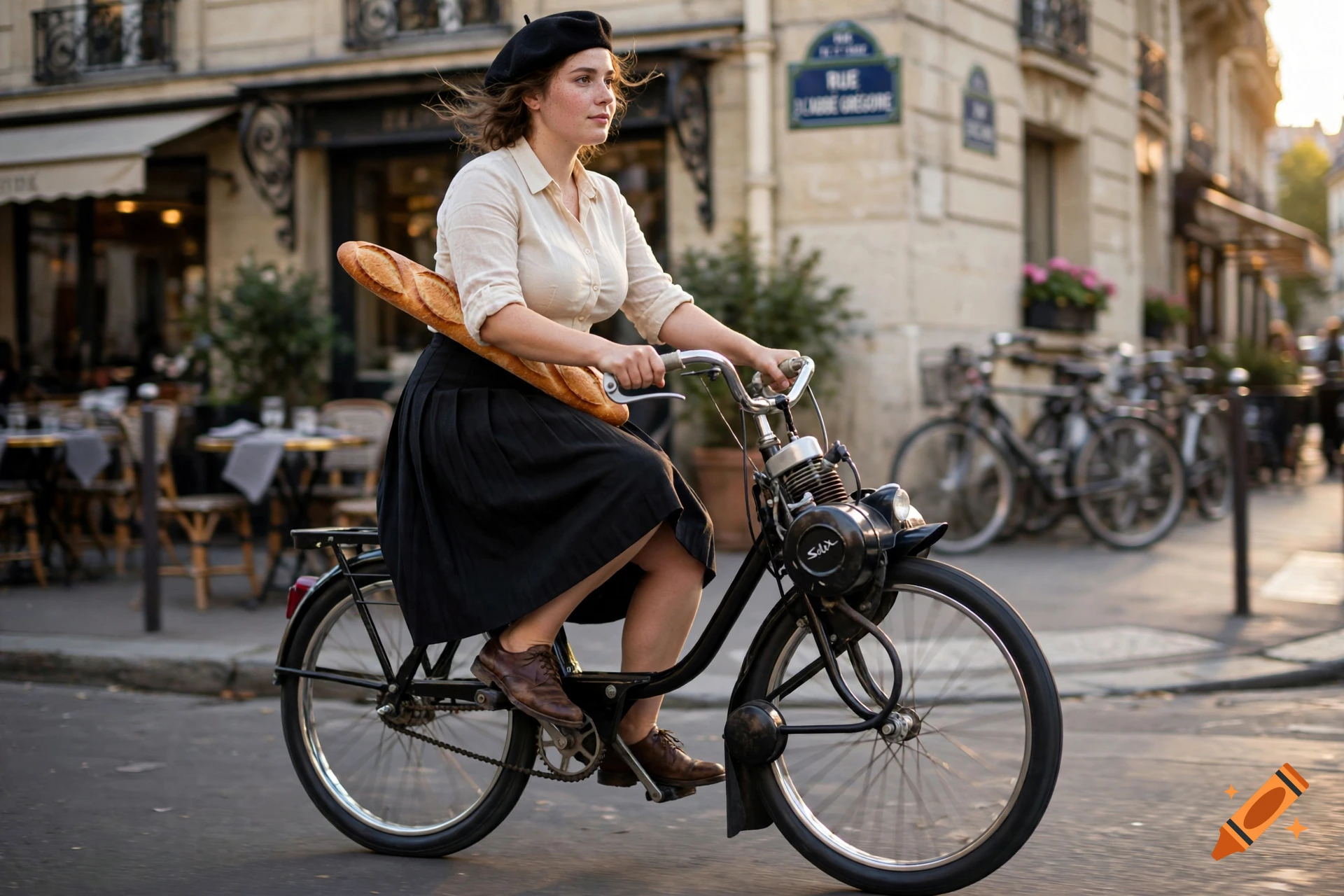 Photorealistic image of a young woman in a beret riding a vintage moped bicycle in Paris, carrying a baguette.