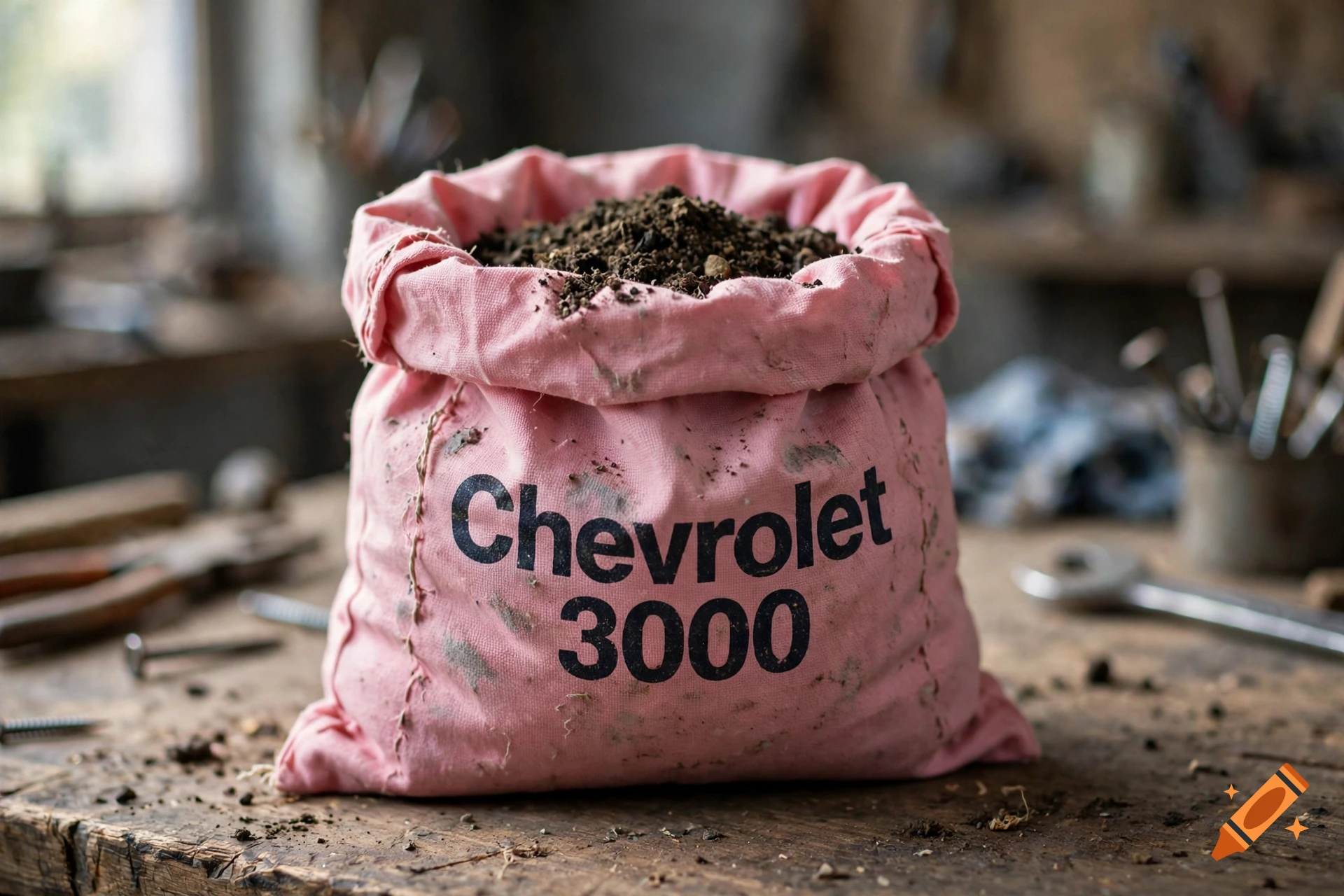A pink canvas sack filled with dirt sitting on a wooden workbench, with the text 'Chevrolet 3000' printed on it, photorealistic.