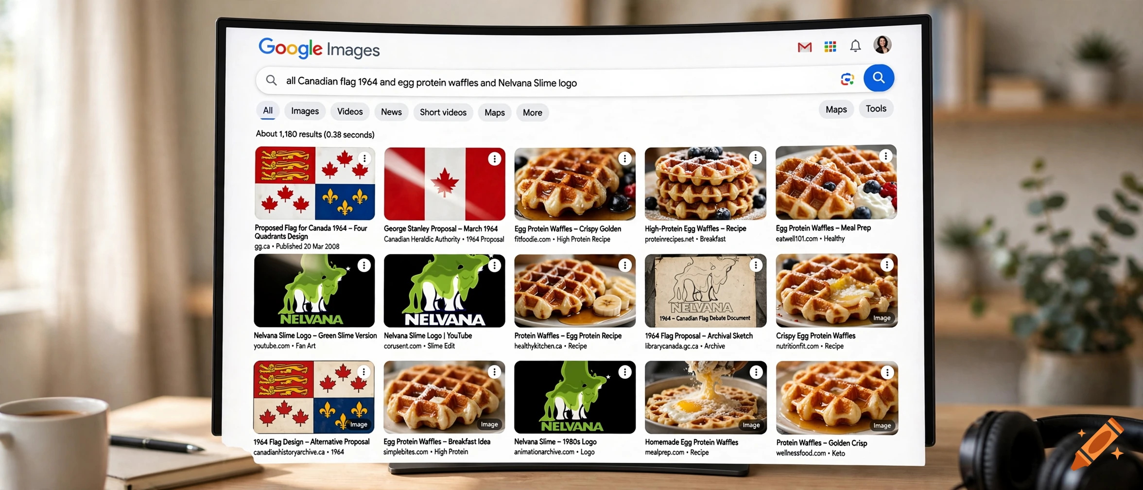 Curved computer monitor displaying a Google Images search results page for Canadian flag, waffles, and Nelvana logo.
