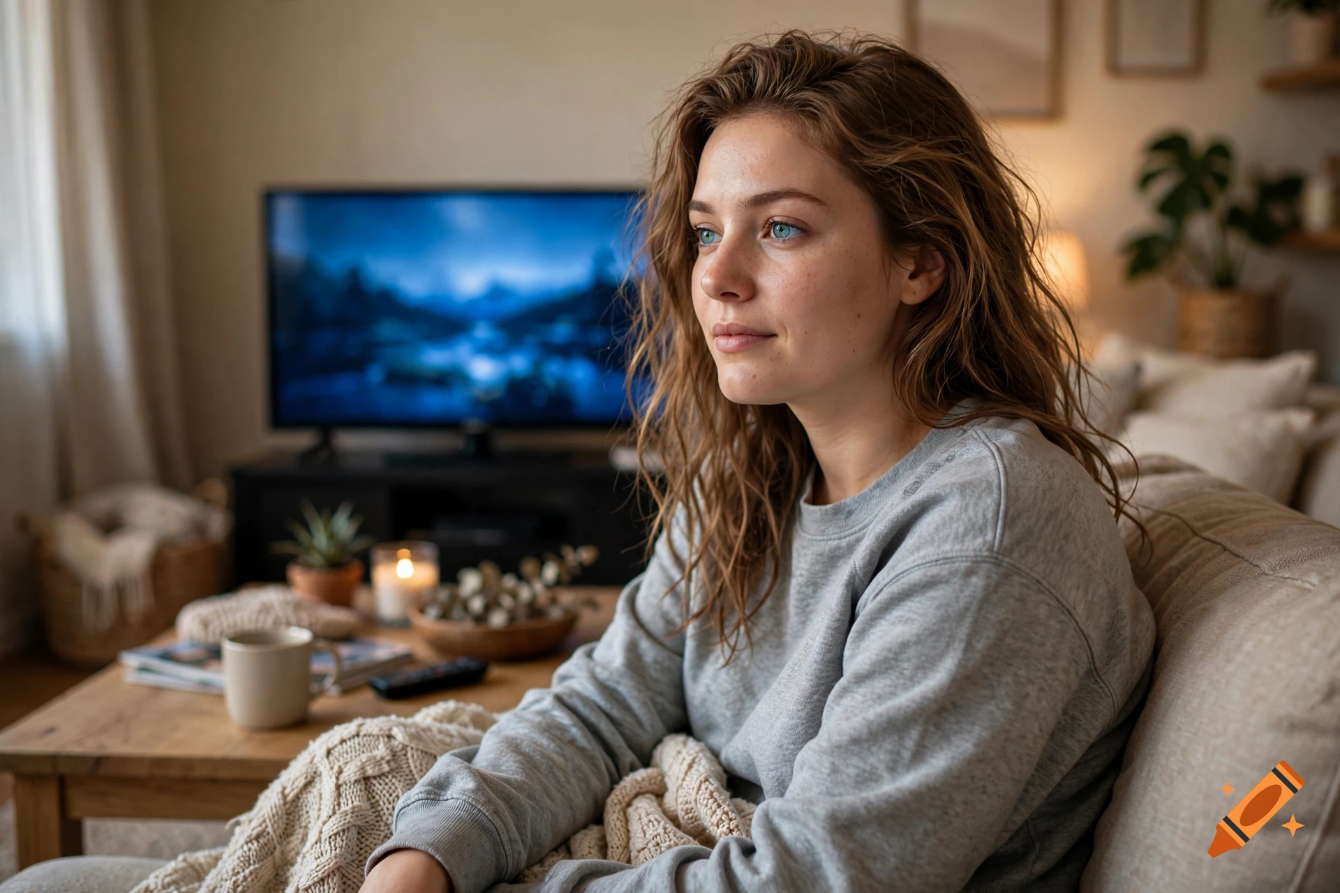 Photorealistic medium shot of a young woman with wavy brown hair and blue-green eyes sitting on a couch in a cozy living room.