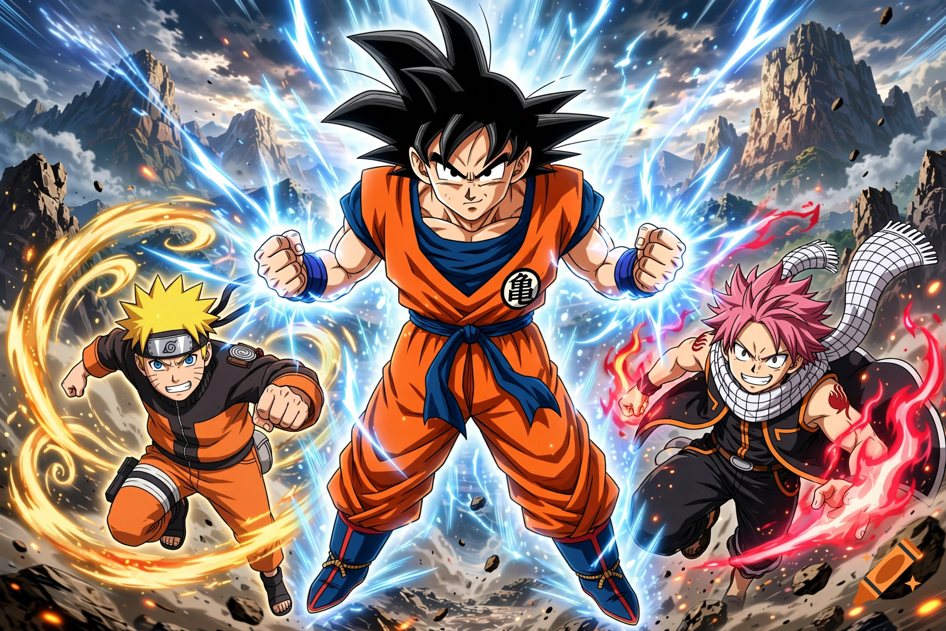 Anime illustration of Son Goku, Naruto Uzumaki, and Natsu Dragneel posing heroically together amidst energetic sparks and mountains.