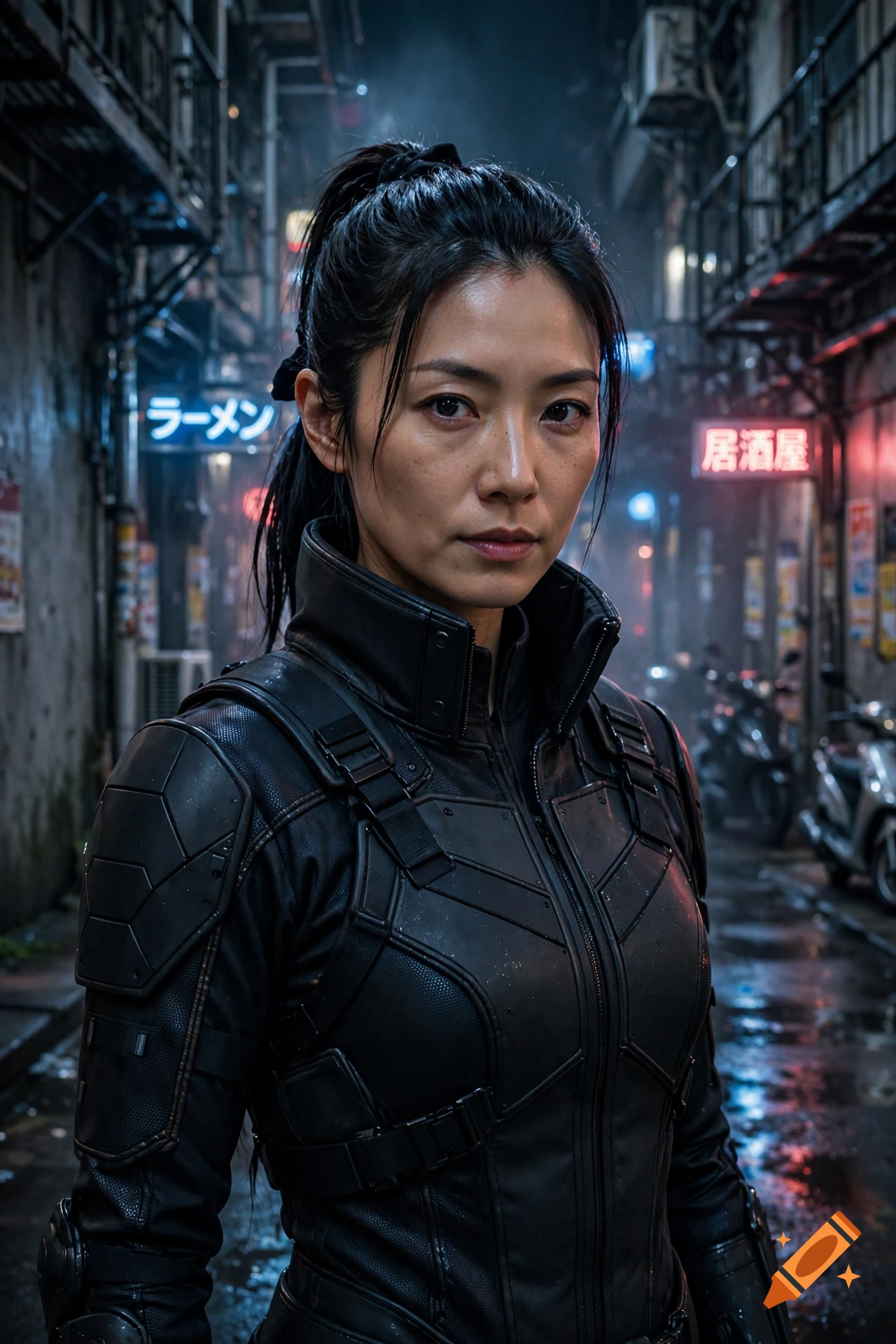 Photorealistic portrait of a Japanese woman in a modern black tactical shinobi suit standing in a rainy alleyway with neon signs.