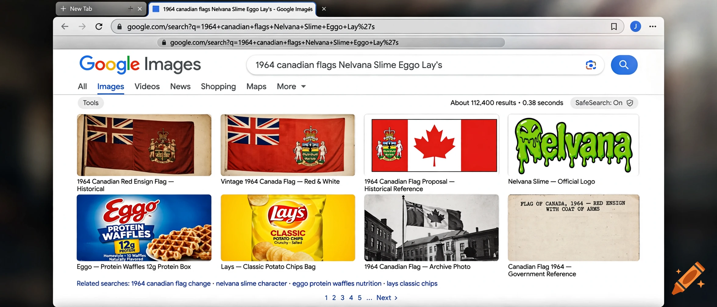 A web browser displaying a Google Images search page for 1964 Canadian flags, Nelvana slime, Eggo waffles, and Lays chips.