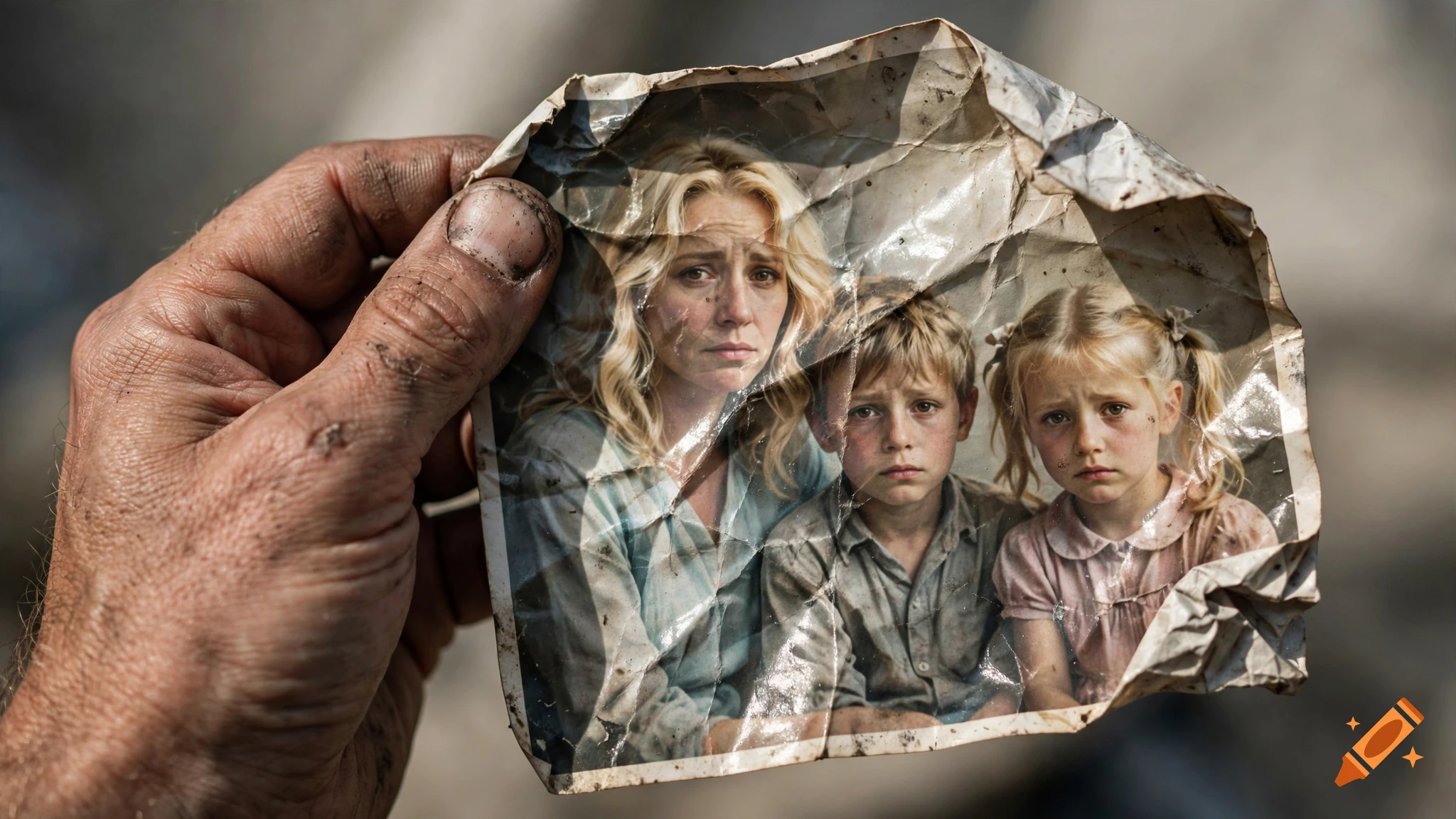 A dirty, wrinkled vintage photograph of a sad blonde woman and two children, held by a dirt-covered hand.