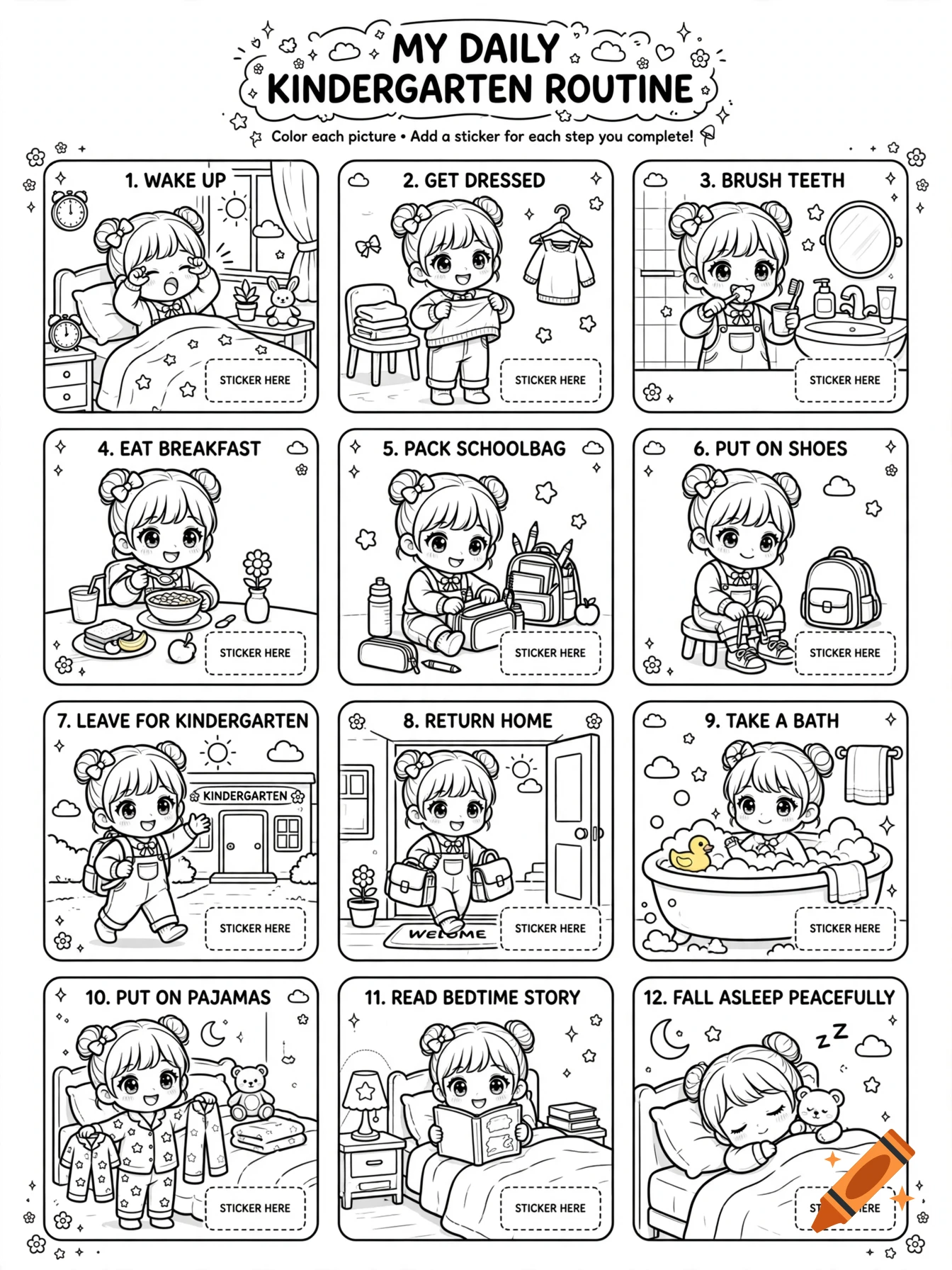 Black and white manga style coloring page showing a 12-step daily kindergarten routine for a little girl.