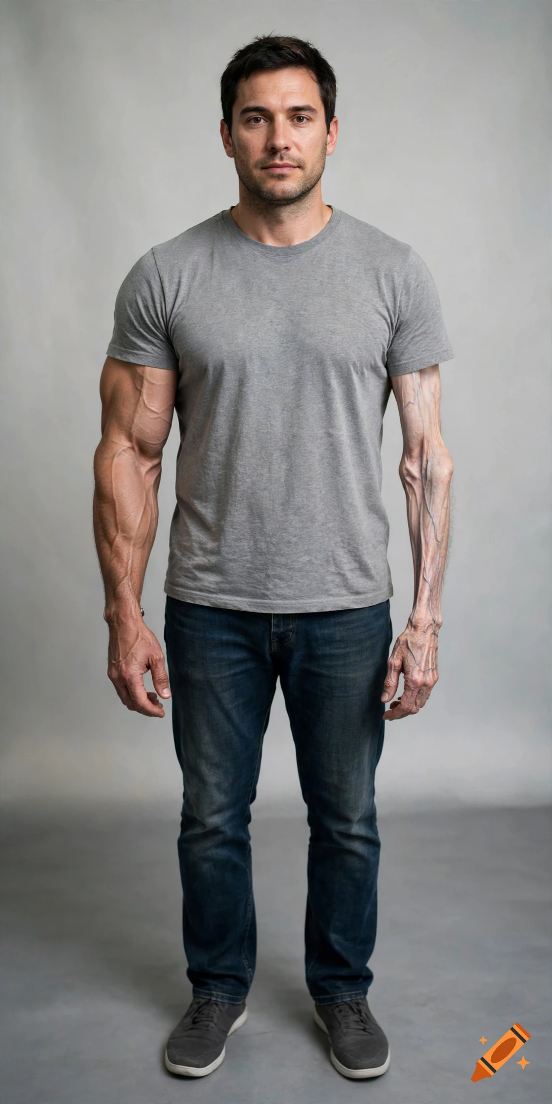 Photorealistic full-body portrait of a man with one muscular arm and one extremely thin arm showing visible veins and bones.