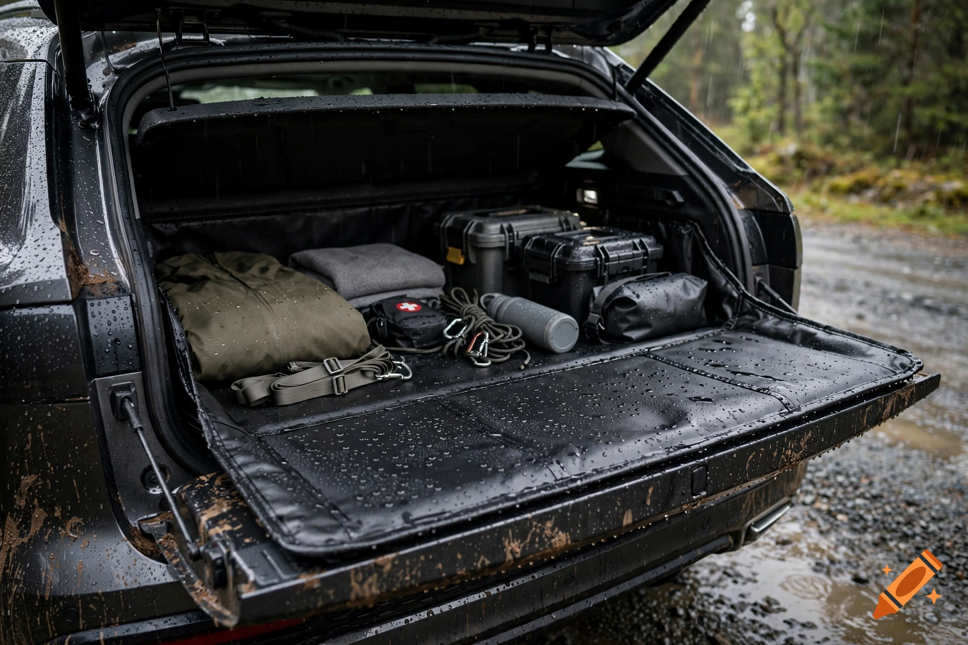Photorealistic open trunk of a muddy SUV filled with tactical gear, clothing, and supplies on a rainy day.