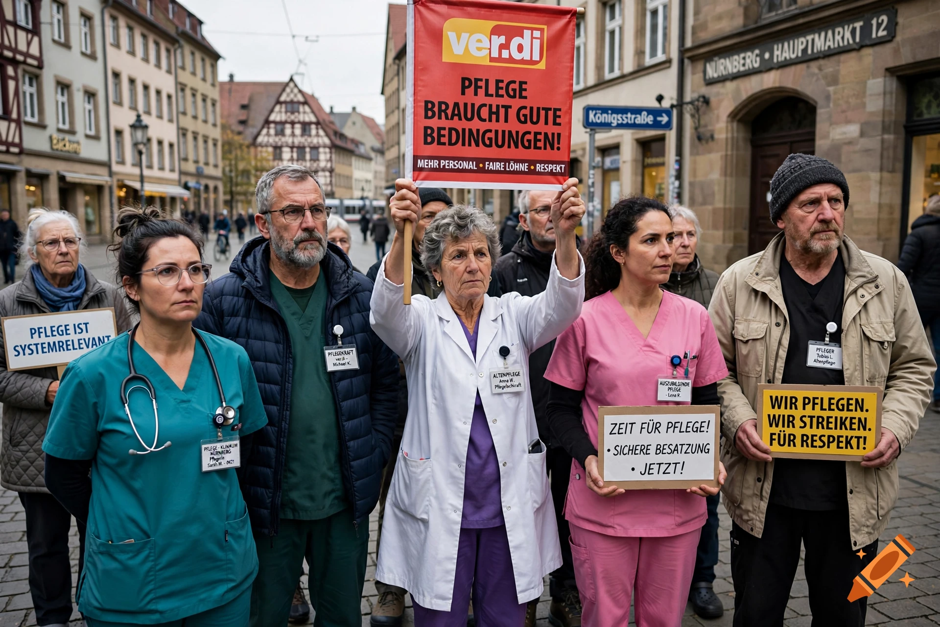 Photorealistic group of healthcare workers and supporters protesting with signs in a German city street.