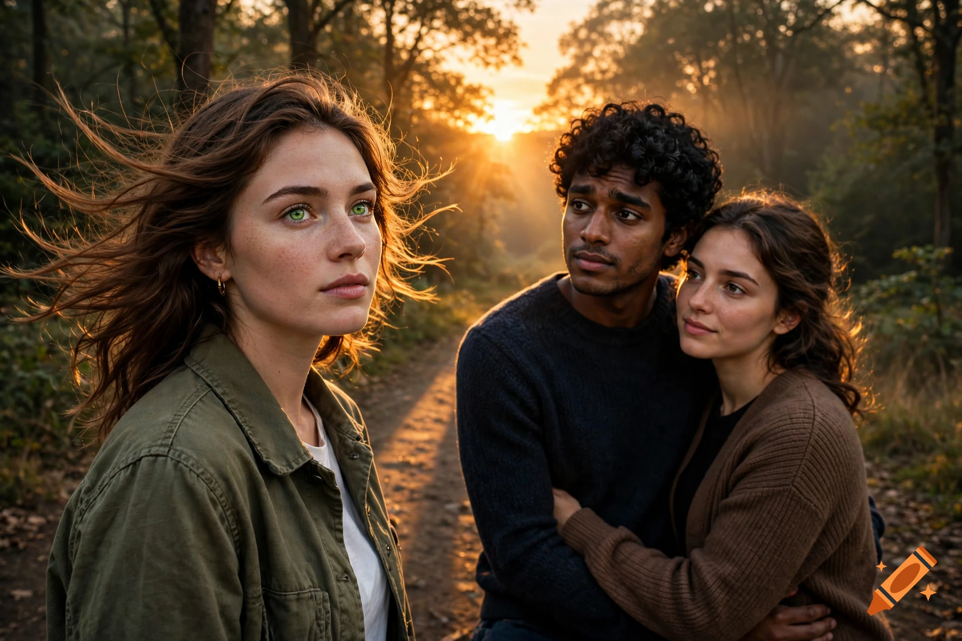 Photorealistic scene of a woman in the foreground with wind-blown hair and green eyes, watching a couple in the background during a sunset in a forest.