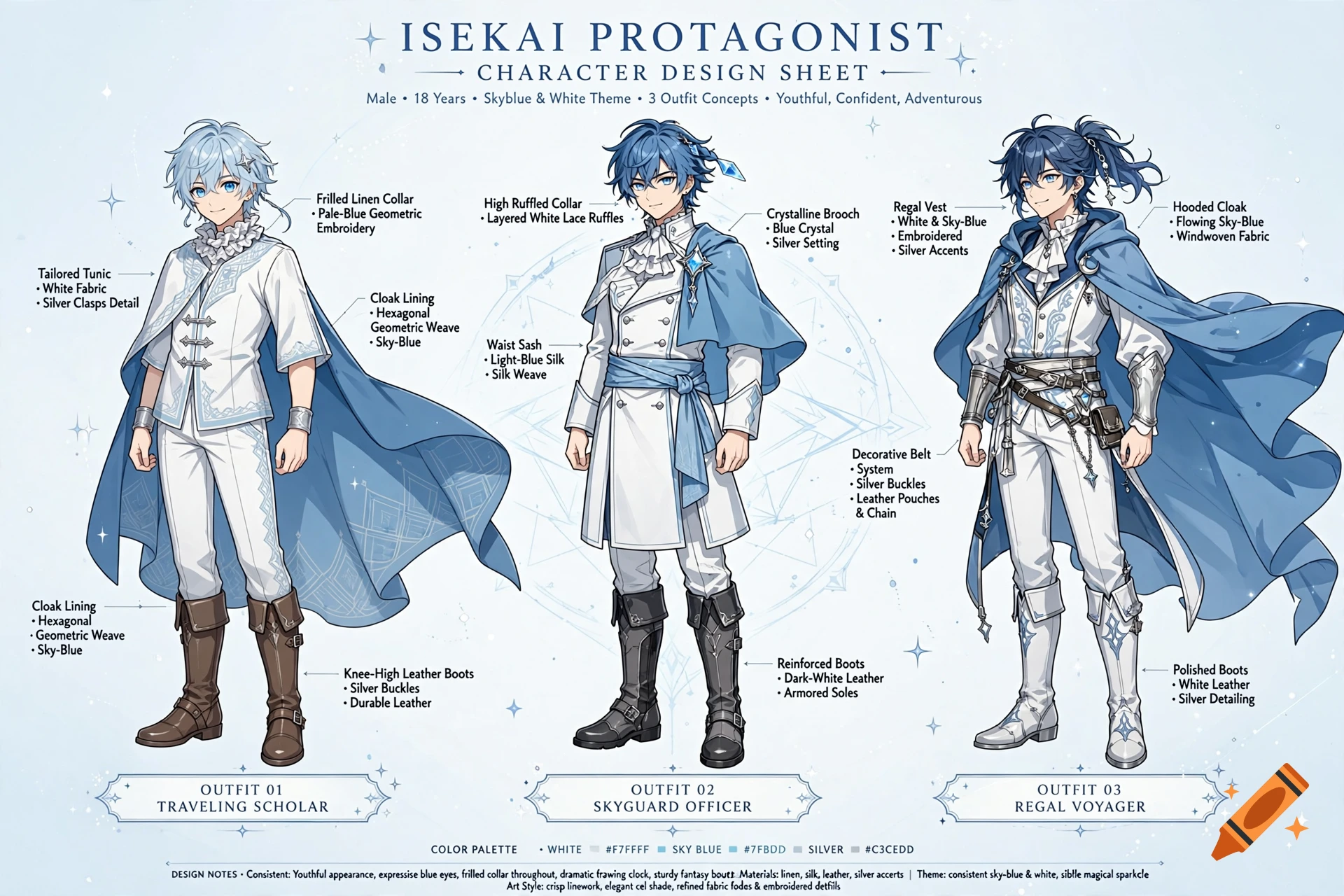 Isekai protagonist character design sheet showcasing three anime male outfit concepts in white and sky blue.