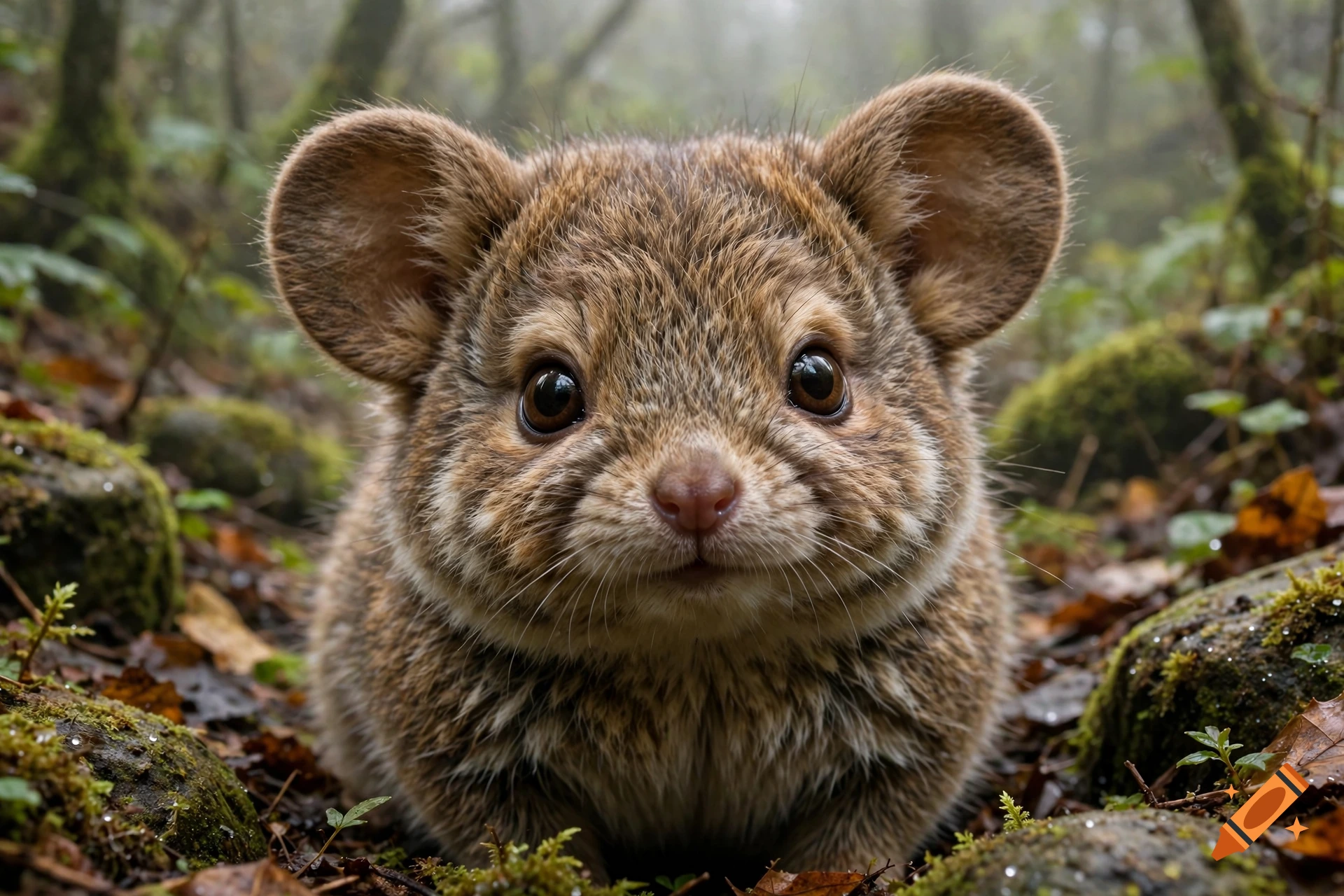 Close-up photorealistic portrait of a small, fluffy creature with large round ears and dark eyes in a misty forest.