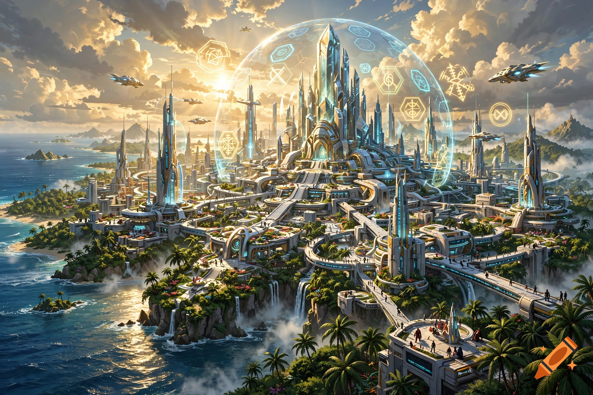 Futuristic crystal city with a large energy dome, futuristic vehicles, and tropical coastline, digital art style