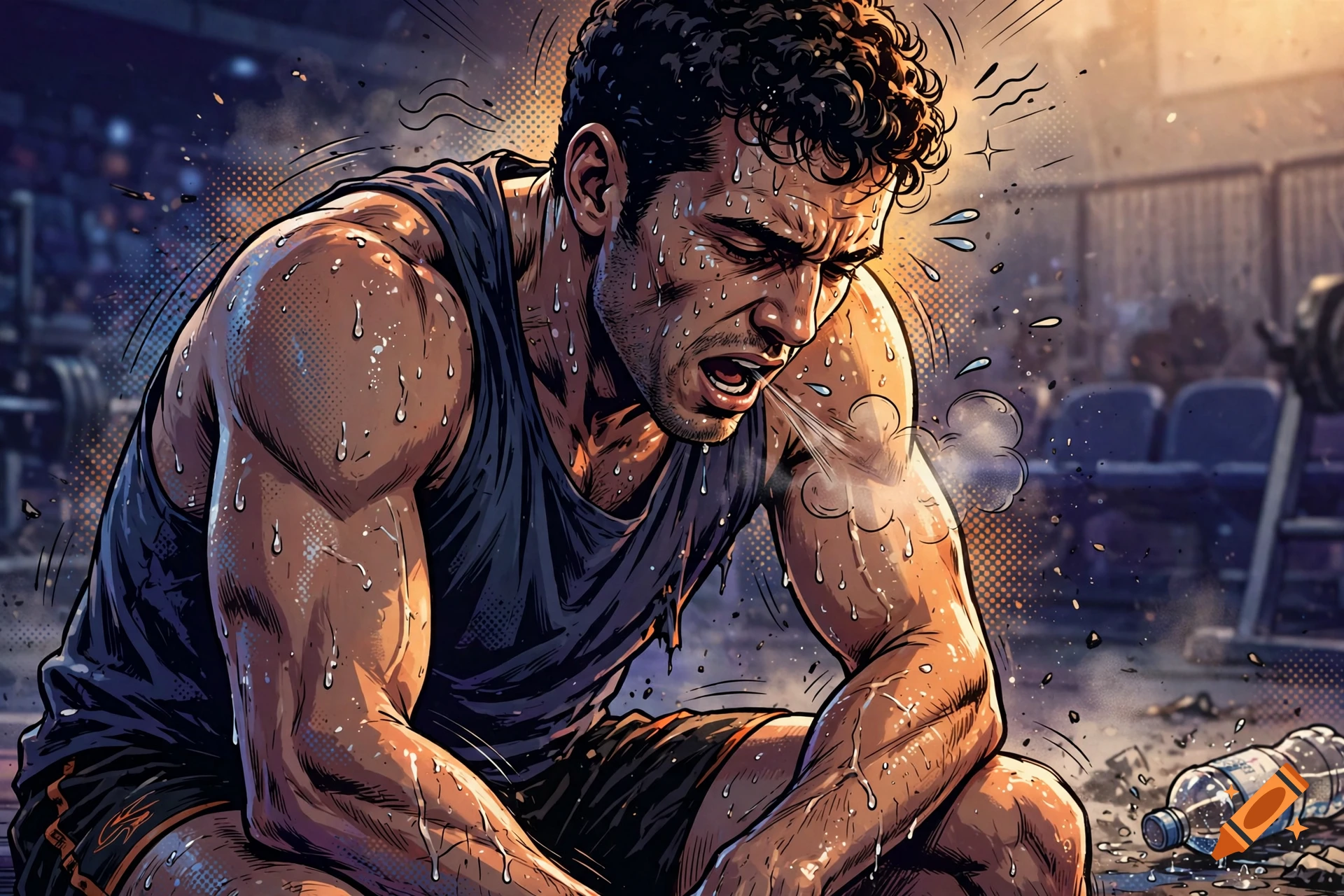 Comic-style illustration of a heavily sweating, exhausted male athlete resting in a gym, with a water bottle nearby.
