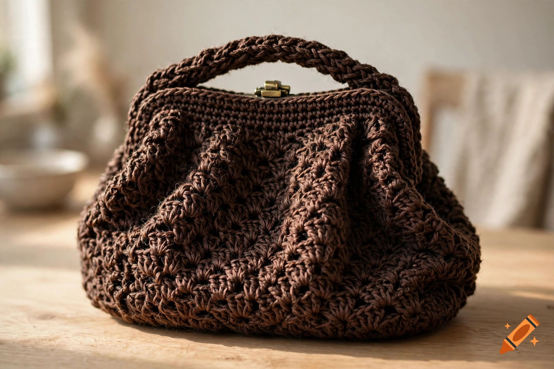 Close-up photorealistic shot of a dark brown crochet purse with a metal clasp on a wooden table.