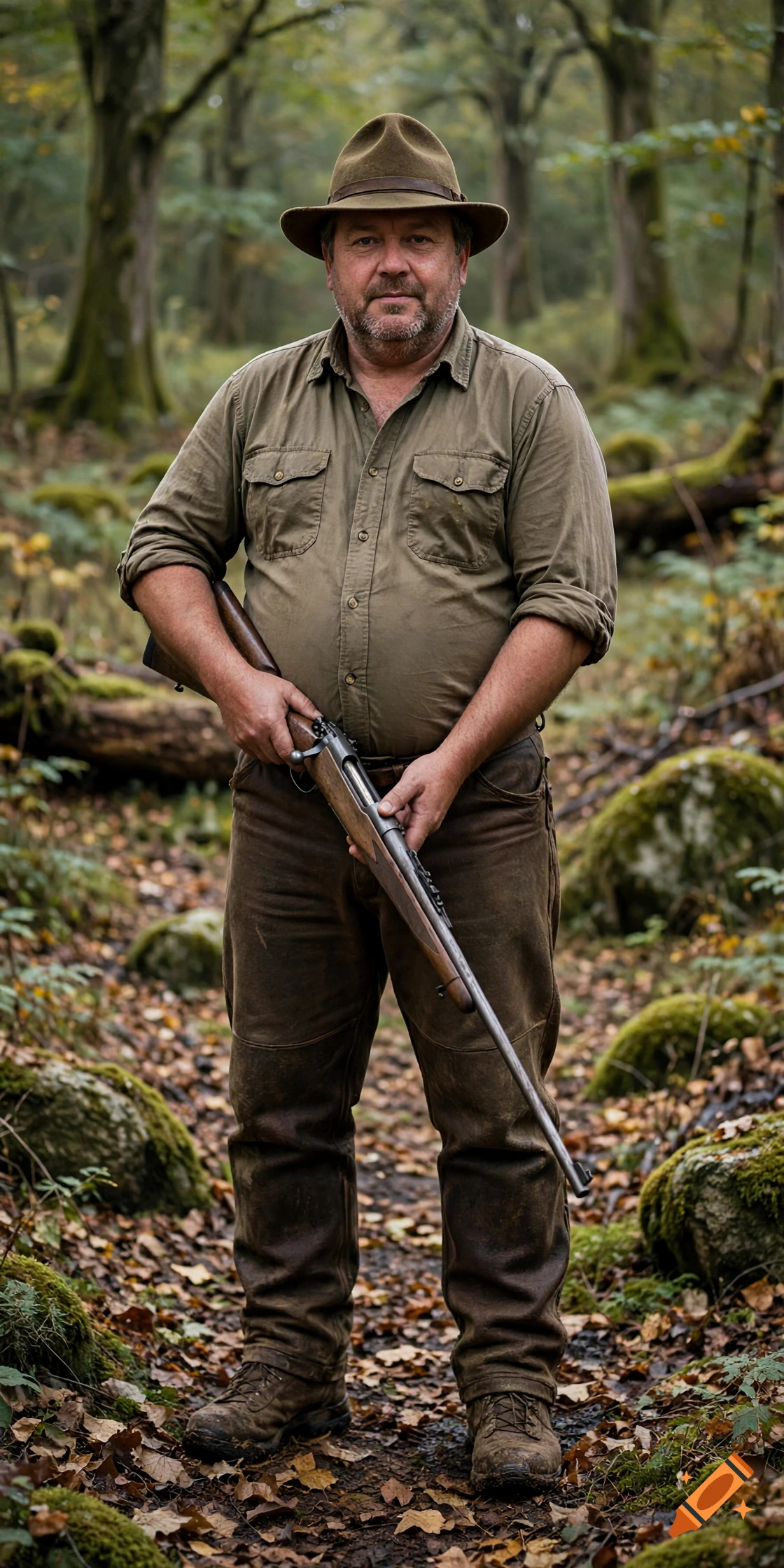 Photorealistic full-body portrait of a hunter with a hat and a rifle standing in a forest.