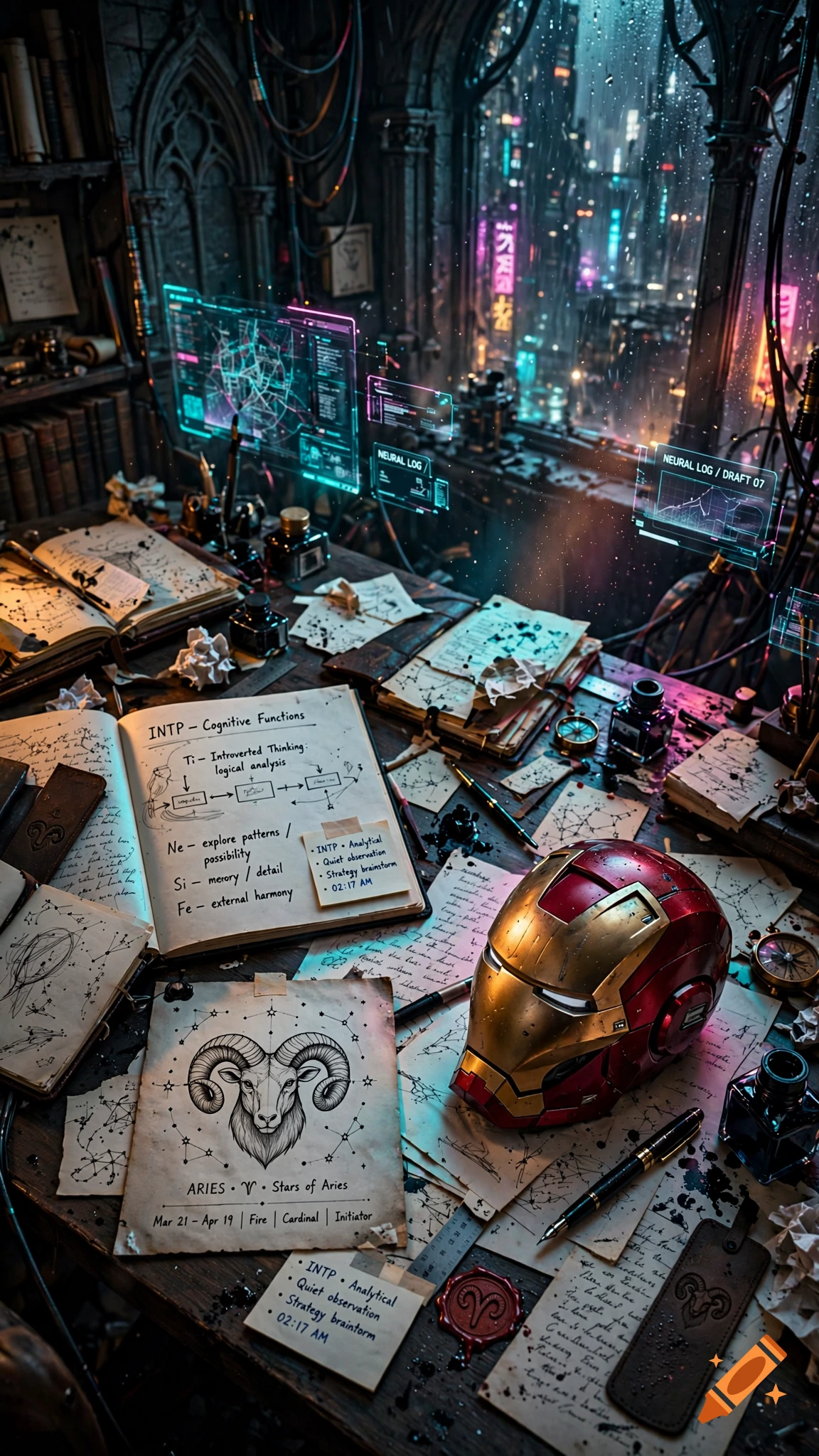 An elaborate desk with an Iron Man helmet, Aries symbol, INTP cognitive function notes, and cyberpunk futuristic city view outside the window.