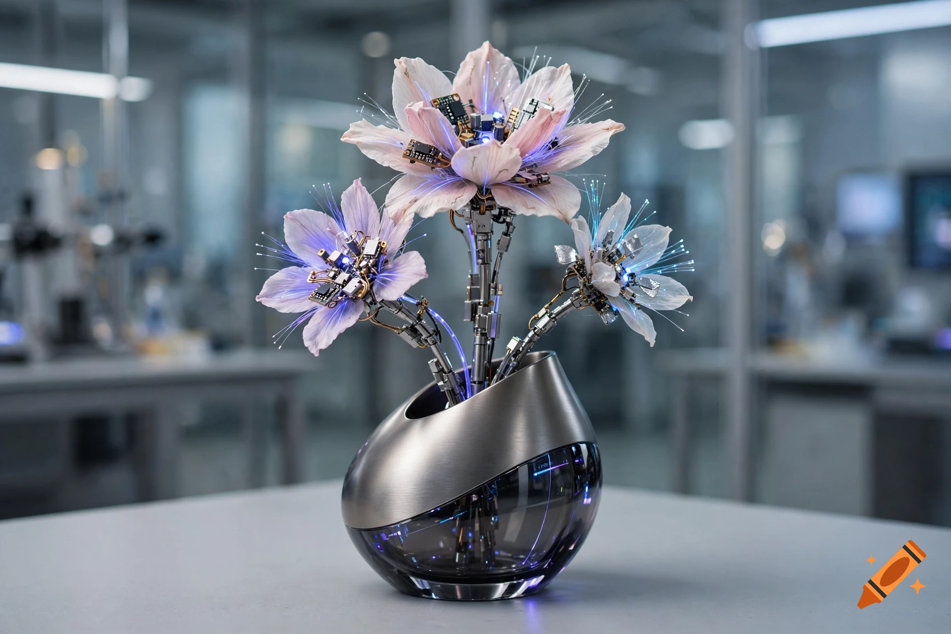 Photorealistic arrangement of cybernetic flowers with glowing blue fiber optics in a futuristic metal and glass vase on a laboratory table.