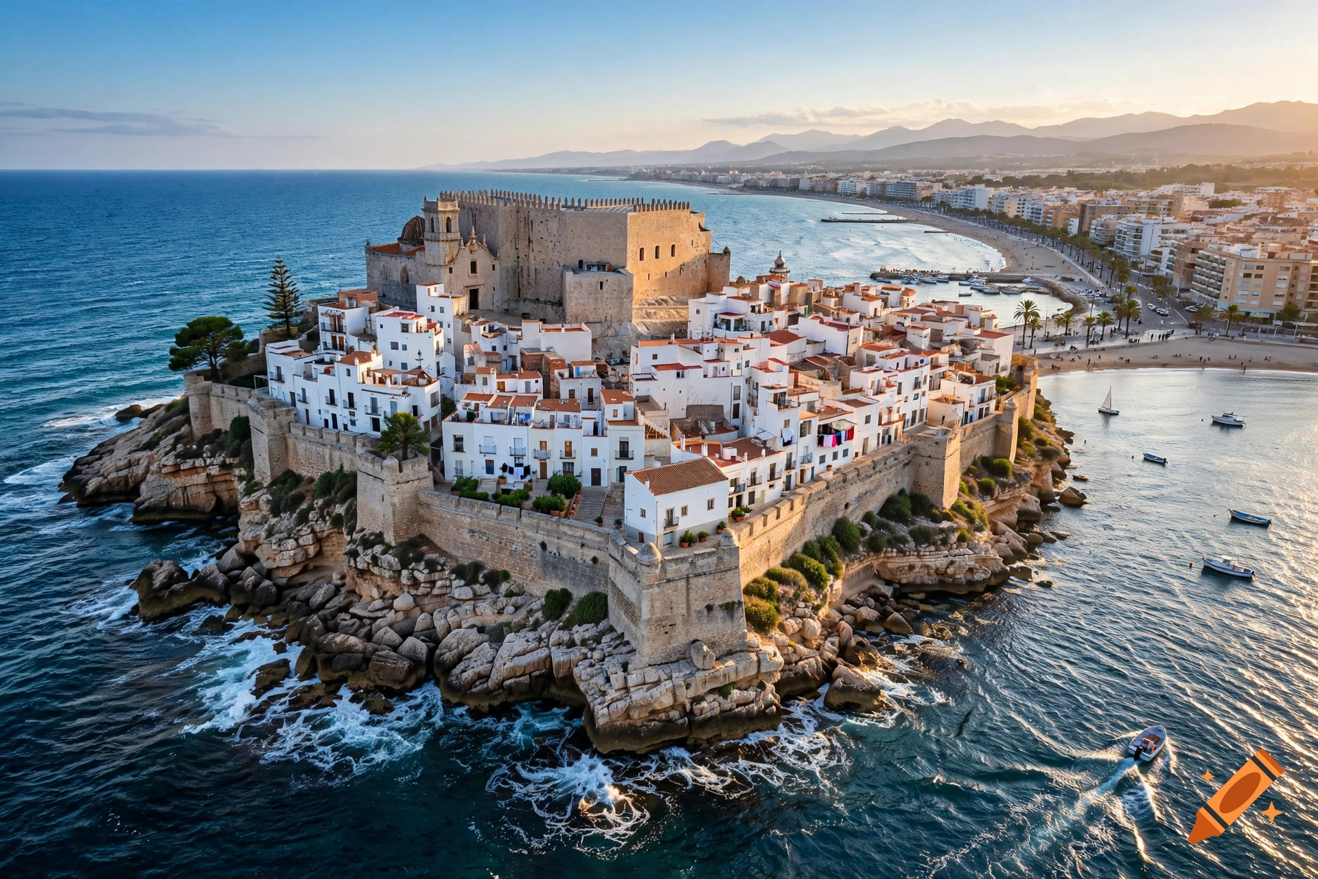 Aerial view of Peñíscola castle and medieval town on a rocky peninsula surrounded by the blue sea, photorealistic.