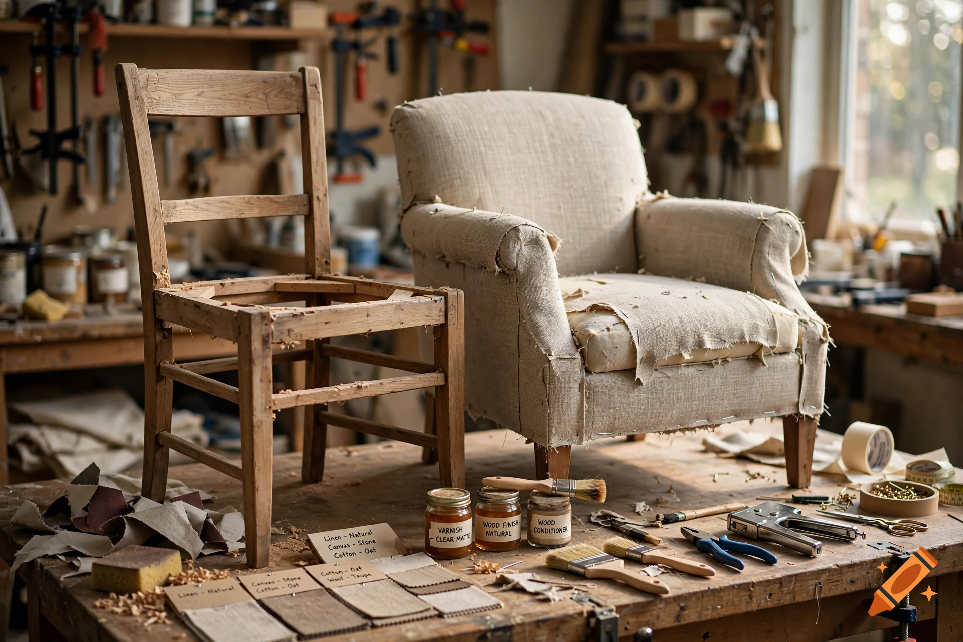 Photorealistic image of a wooden chair and an upholstered armchair being renovated in a woodworking workshop.