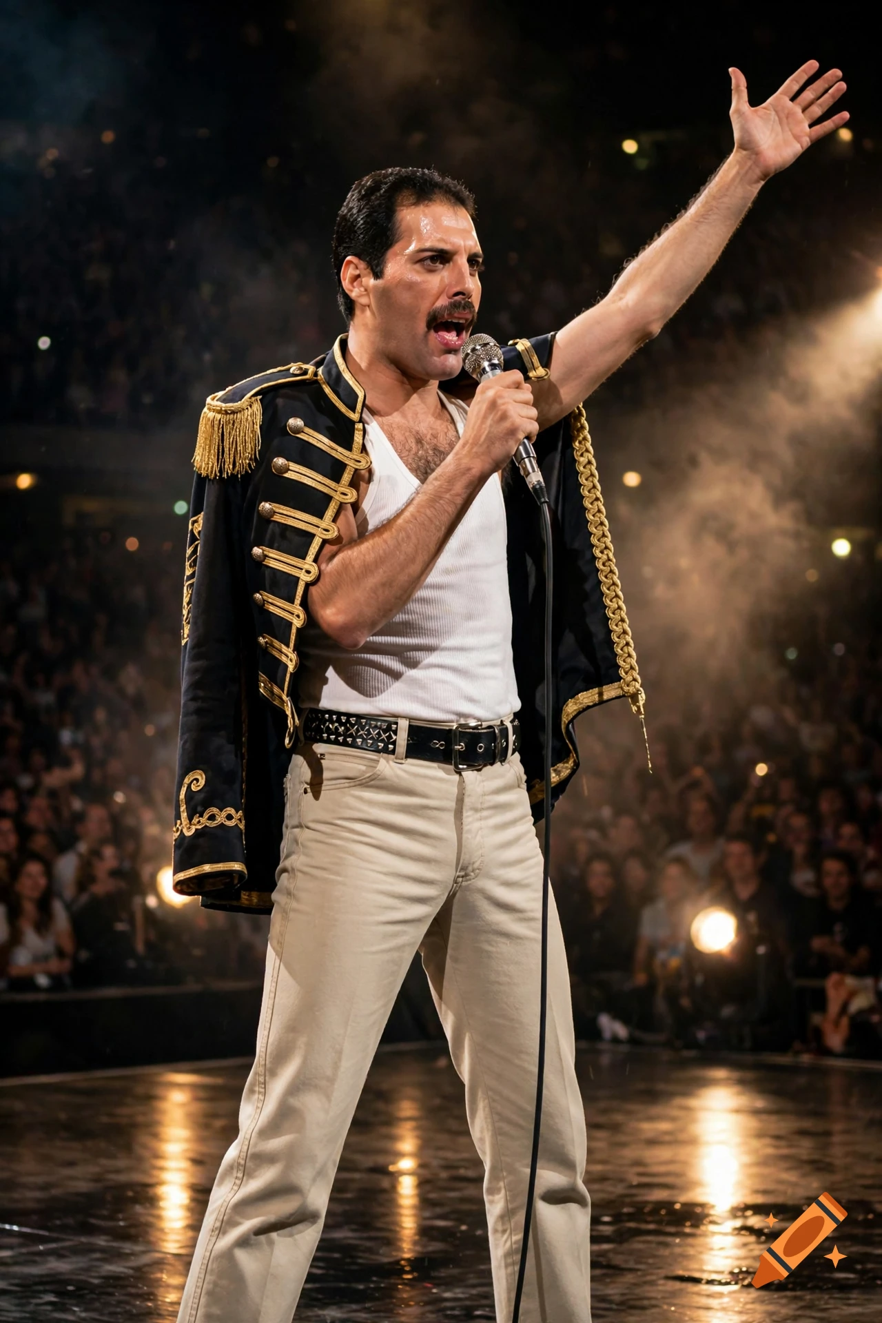 Photorealistic portrait of Freddie Mercury singing into a microphone on stage with a raised hand.