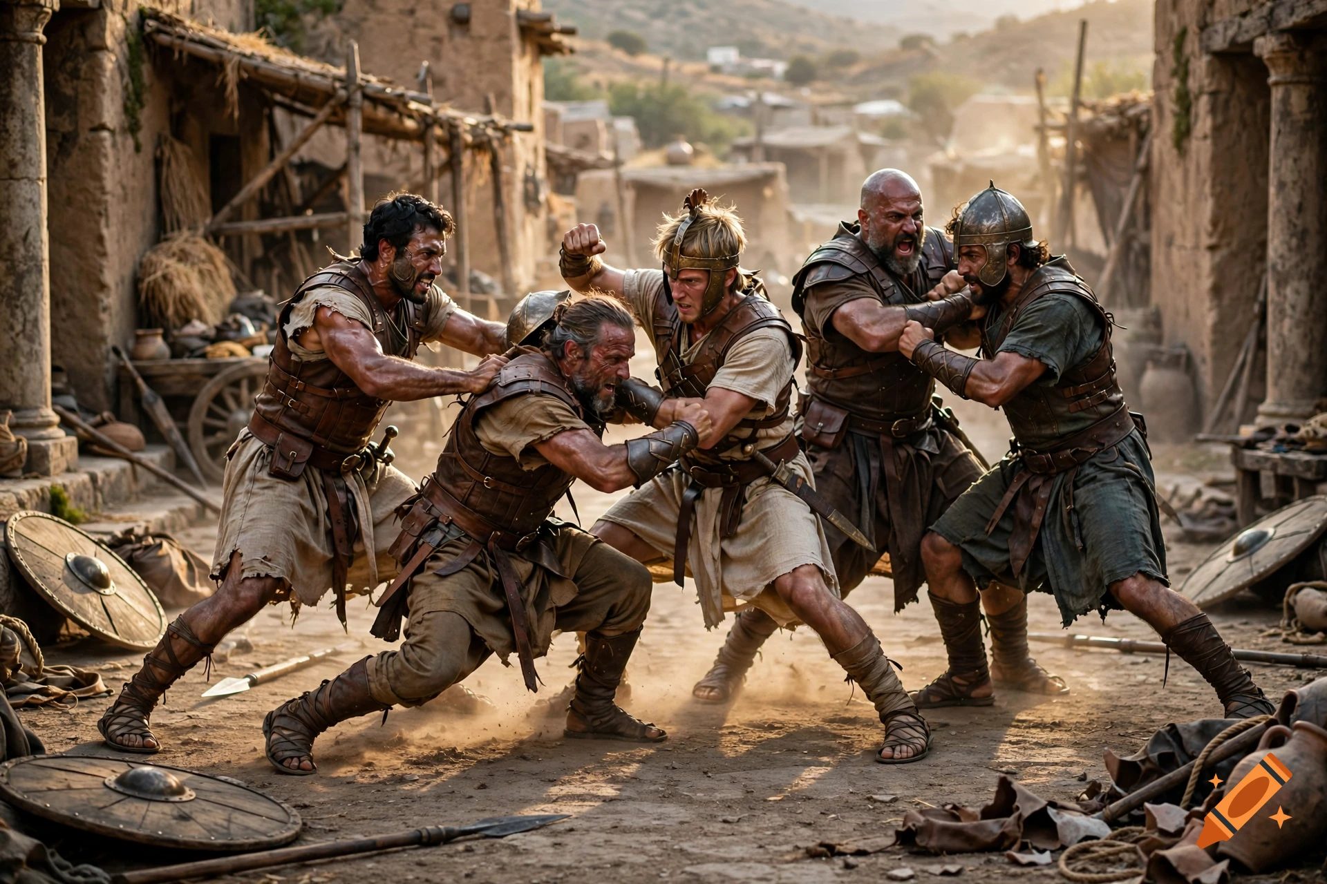 Photorealistic image of five men in ancient Roman armor fighting in a dusty, rustic village street.