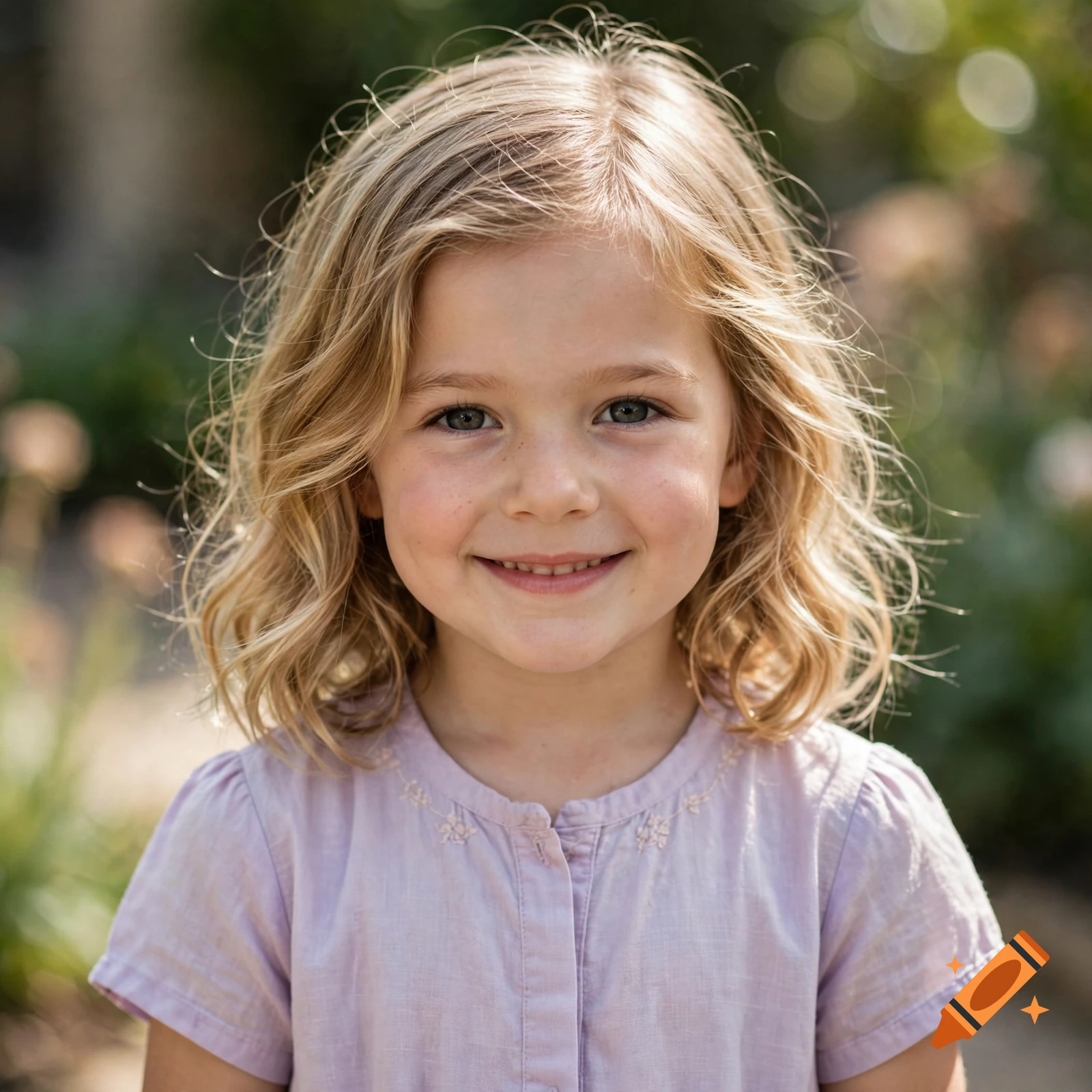 Close-up portrait of a 5-year-old girl with blonde wavy hair and a gentle smile, outdoors.