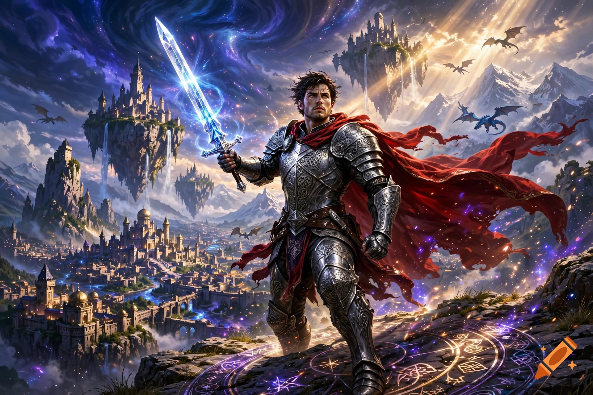 A fantasy knight in detailed armor holding a glowing sword, standing on a cliff overlooking a fantasy city with floating castles and dragons.