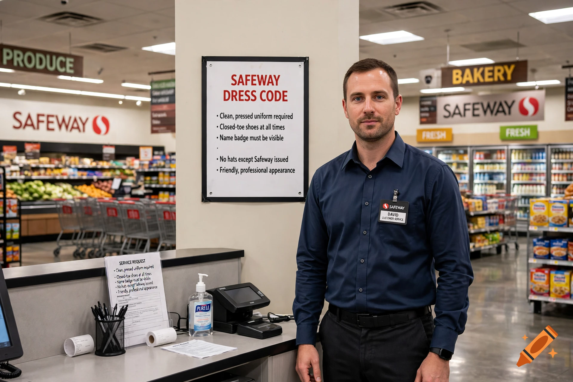 Photorealistic image of a male Safeway customer service employee wearing a name tag standing in front of a dress code sign inside a supermarket.