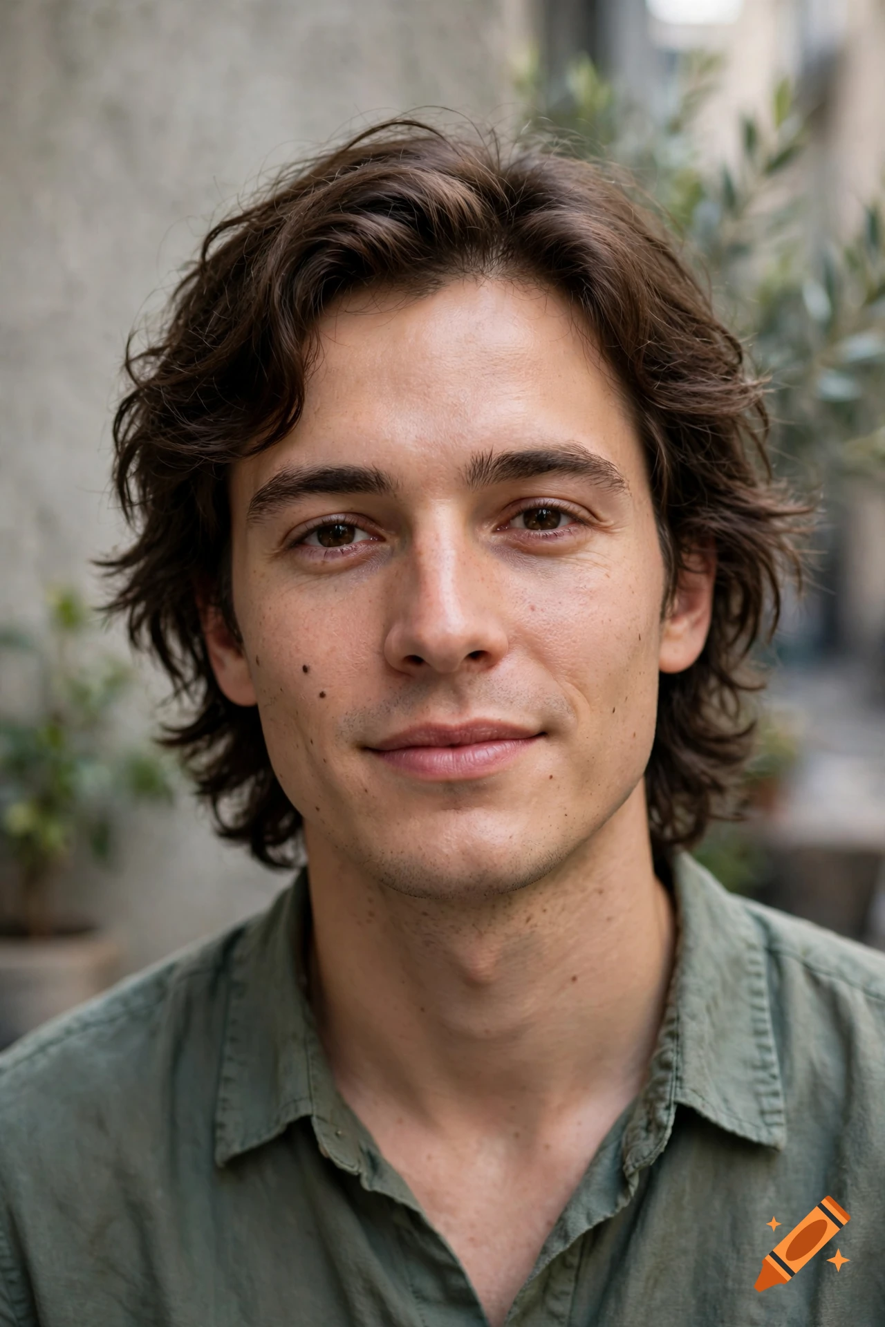 Photorealistic close-up portrait of a young man with dark wavy hair and a green shirt, outdoors.