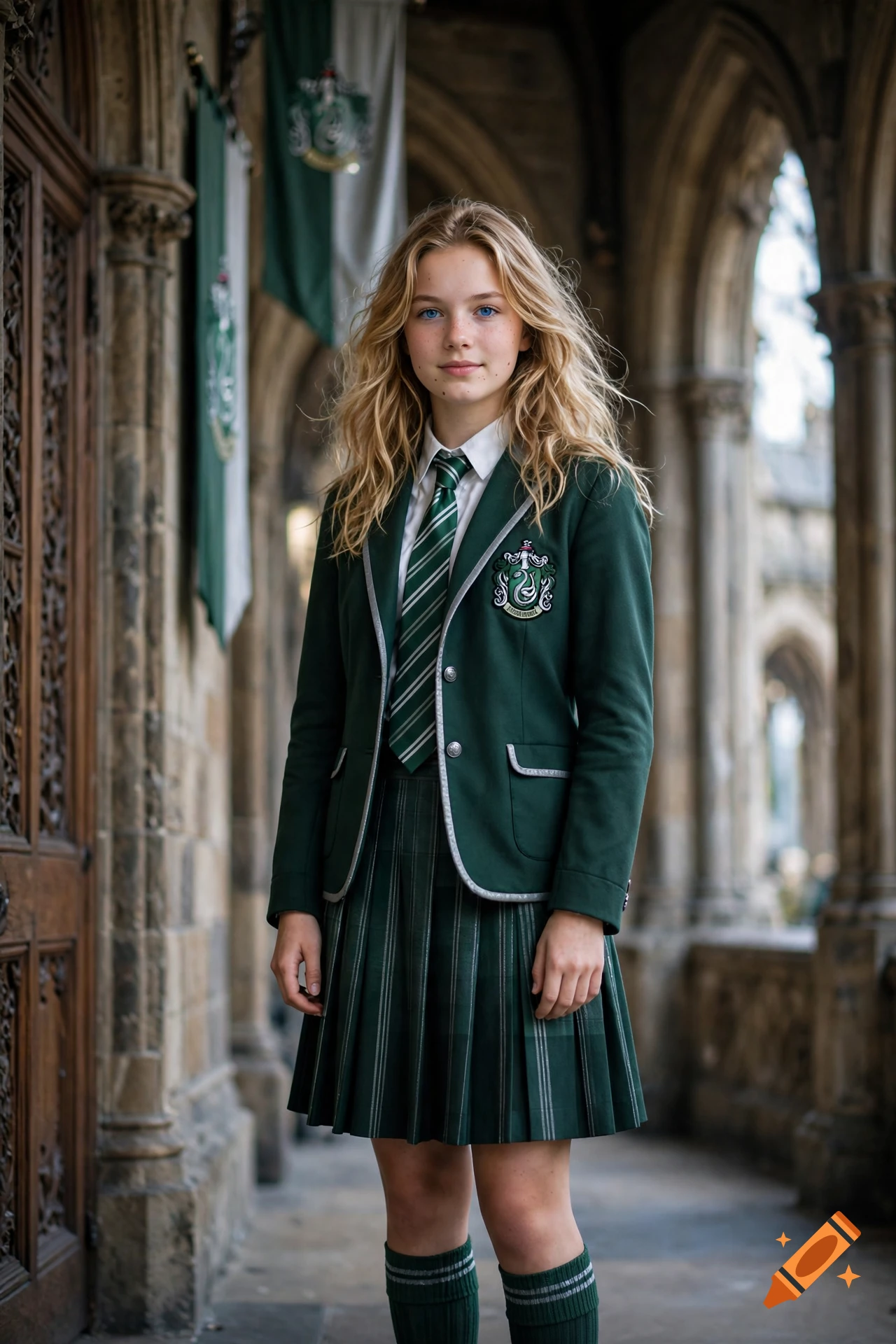 Photorealistic portrait of a teenage girl with blonde hair and blue eyes, wearing a green Slytherin school uniform standing in a stone corridor.