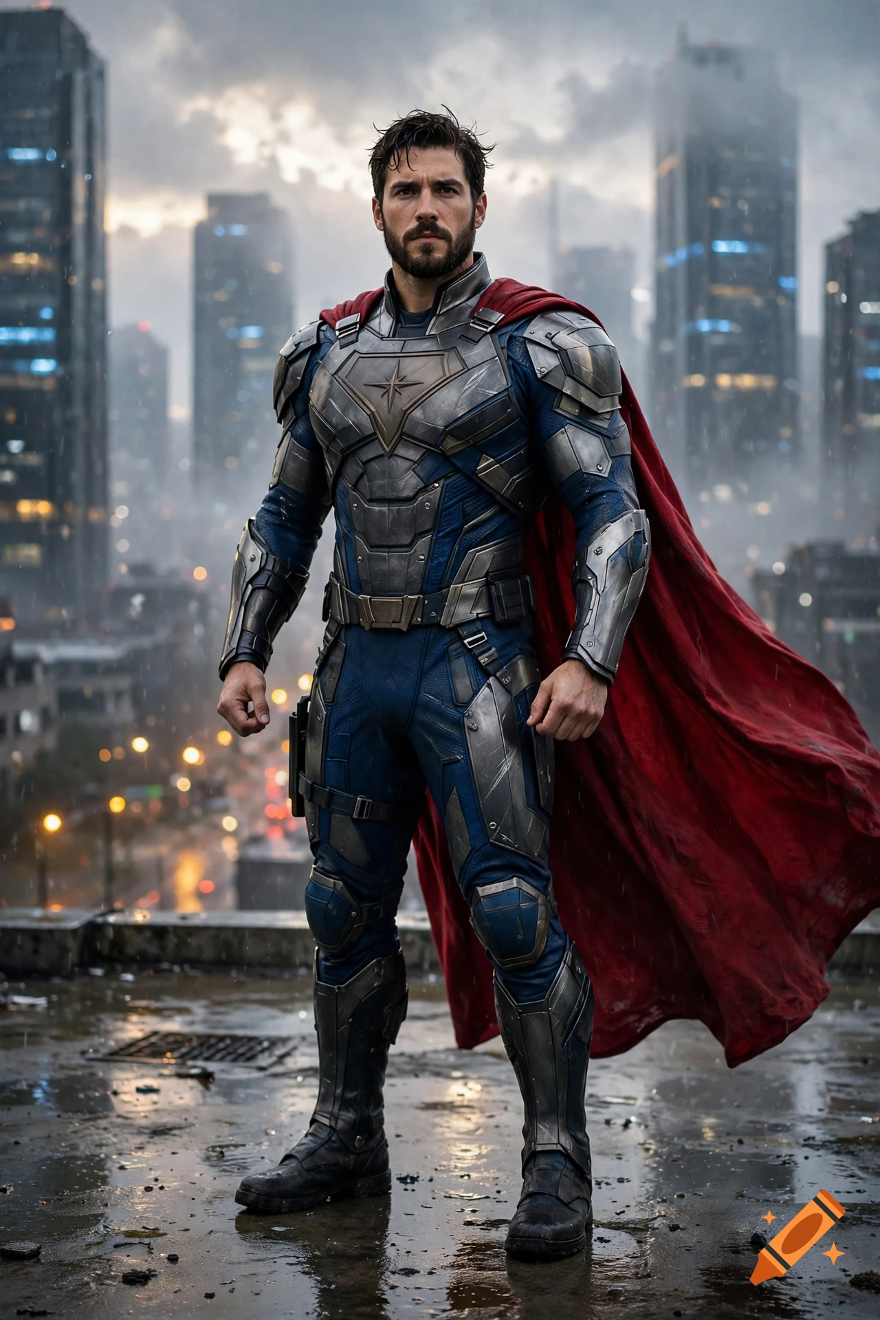 Photorealistic full-body shot of a fantasy superhero in metallic armor and a red cape standing on a wet rooftop overlooking a city skyline at dusk.
