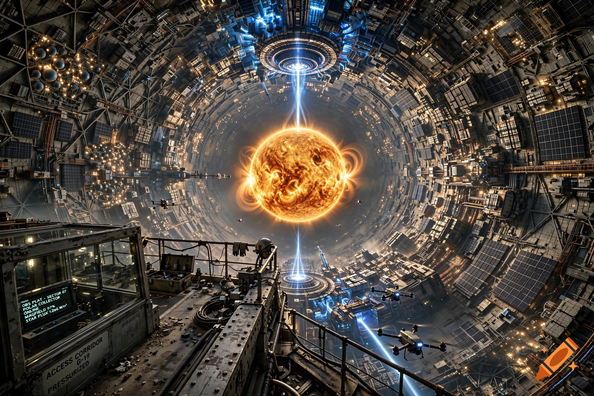 Inside view of a massive Dyson sphere with a glowing star at the center, photorealistic sci-fi scene.