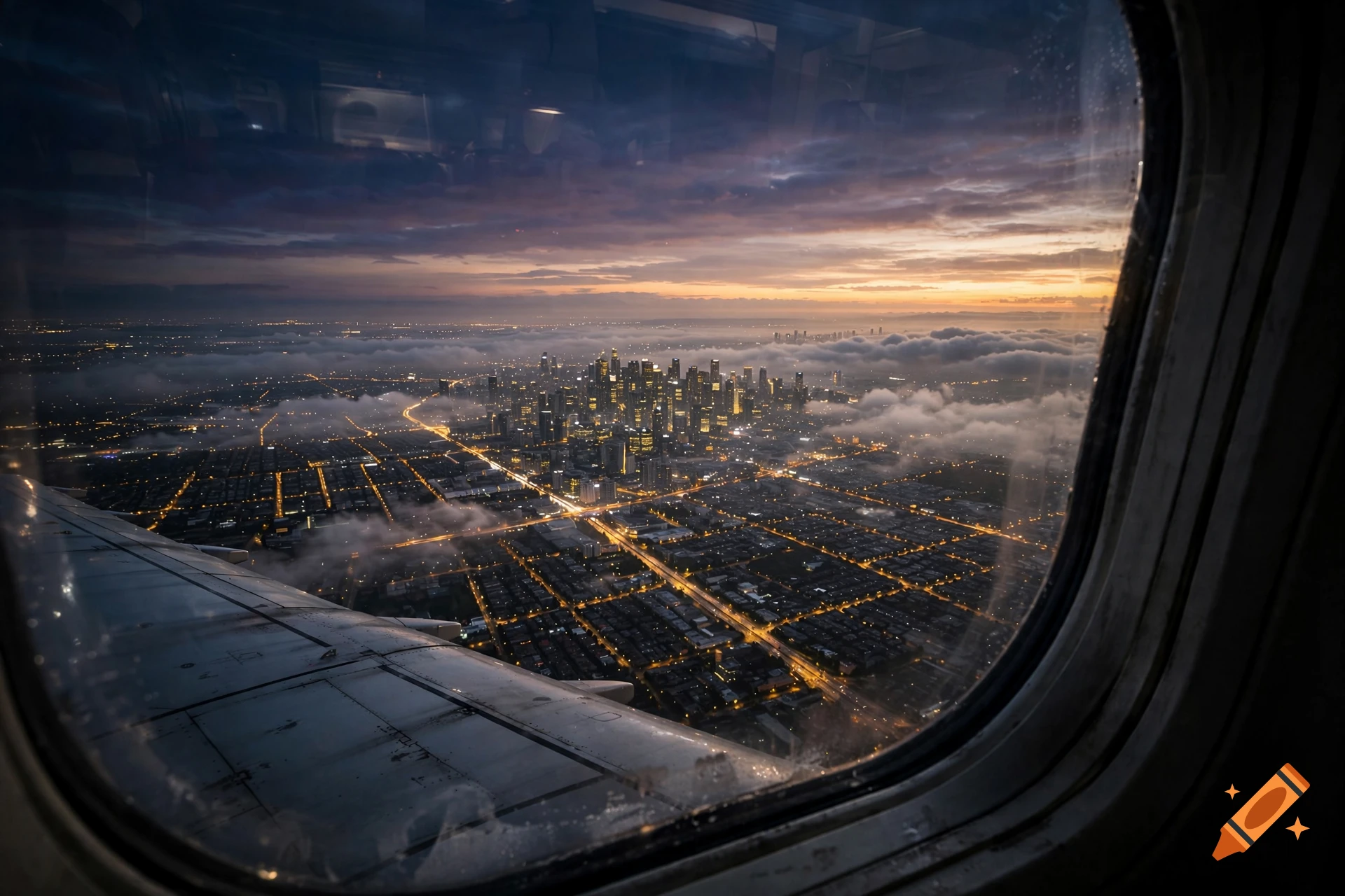 Aerial view of a brightly lit city skyline through an airplane window during sunrise.