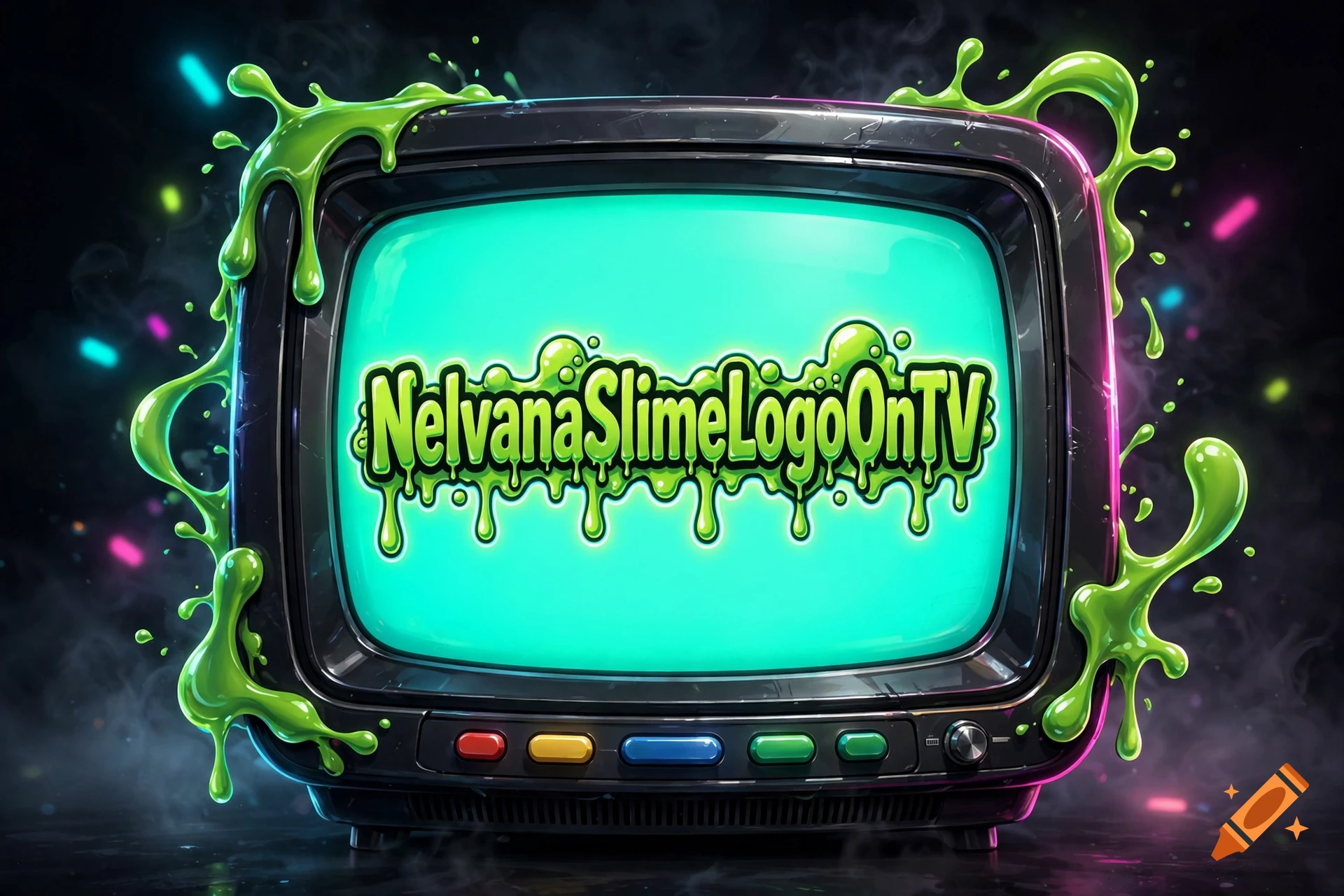 An old-fashioned television set with green slime dripping over it, displaying the text 'NelvanaSlimeLogoOnTV' on the glowing screen.