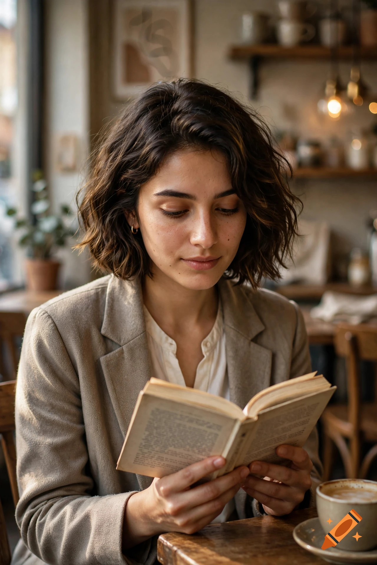 Photorealistic medium shot of a young woman with a short wavy bob sitting in a cozy cafe, reading a book.