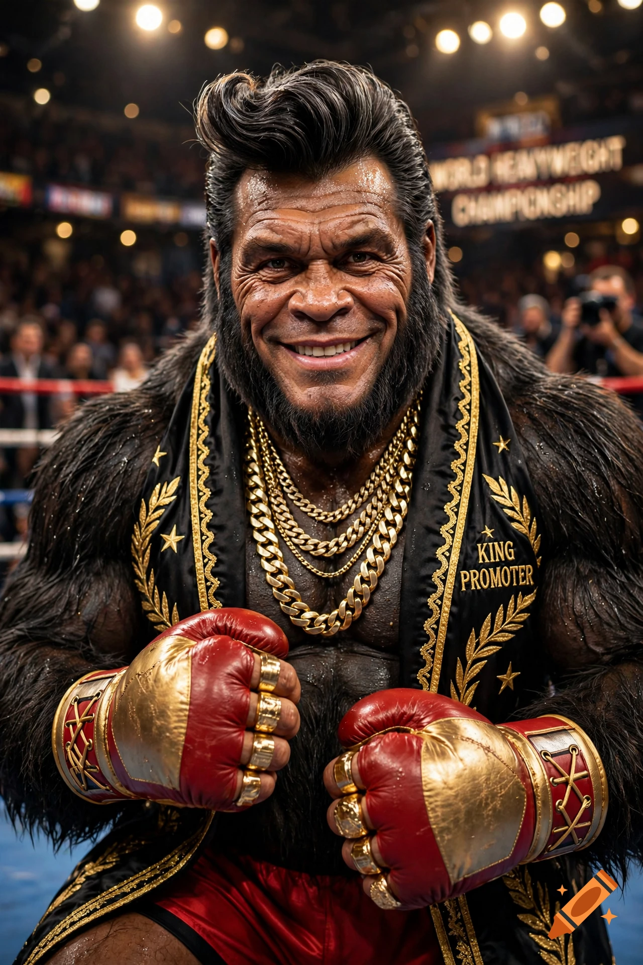 Photorealistic portrait of a hybrid character combining features of Don King and Donkey Kong, wearing boxing gear and gold chains.