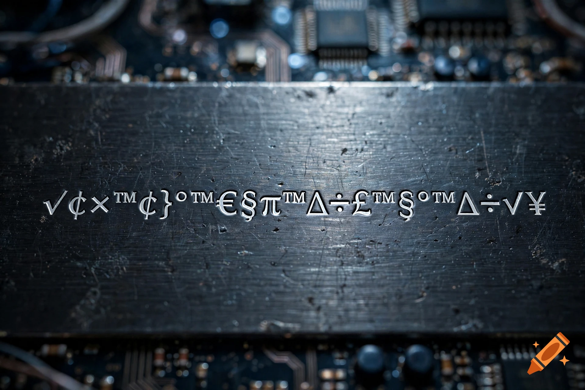Close-up photorealistic image of math and currency symbols engraved on a dark metallic circuit board surface.
