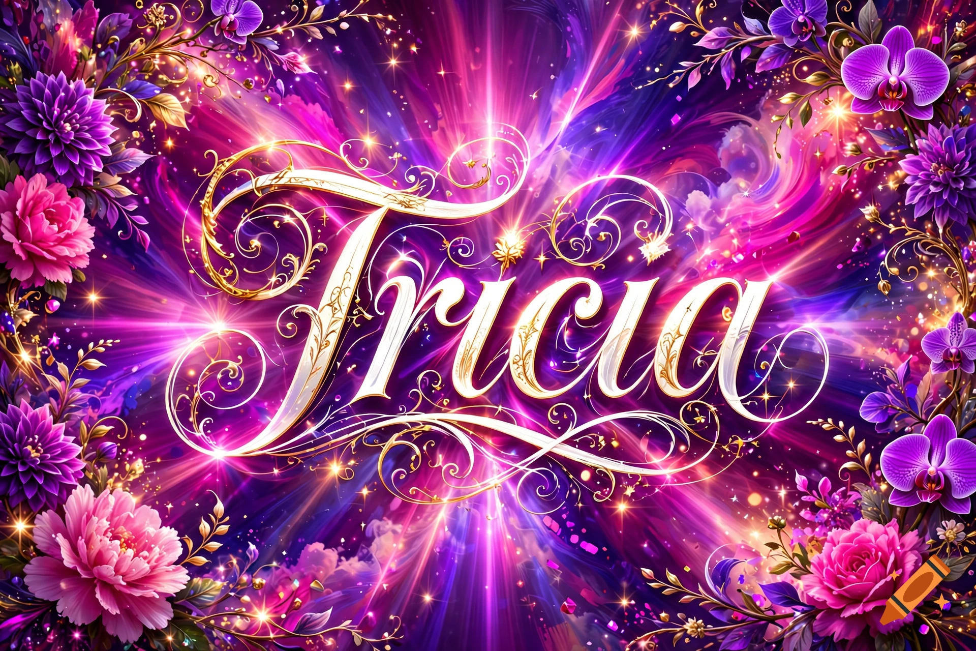 Glowing ornate calligraphy spelling the name Tricia against a vibrant pink and purple background with floral decorations.