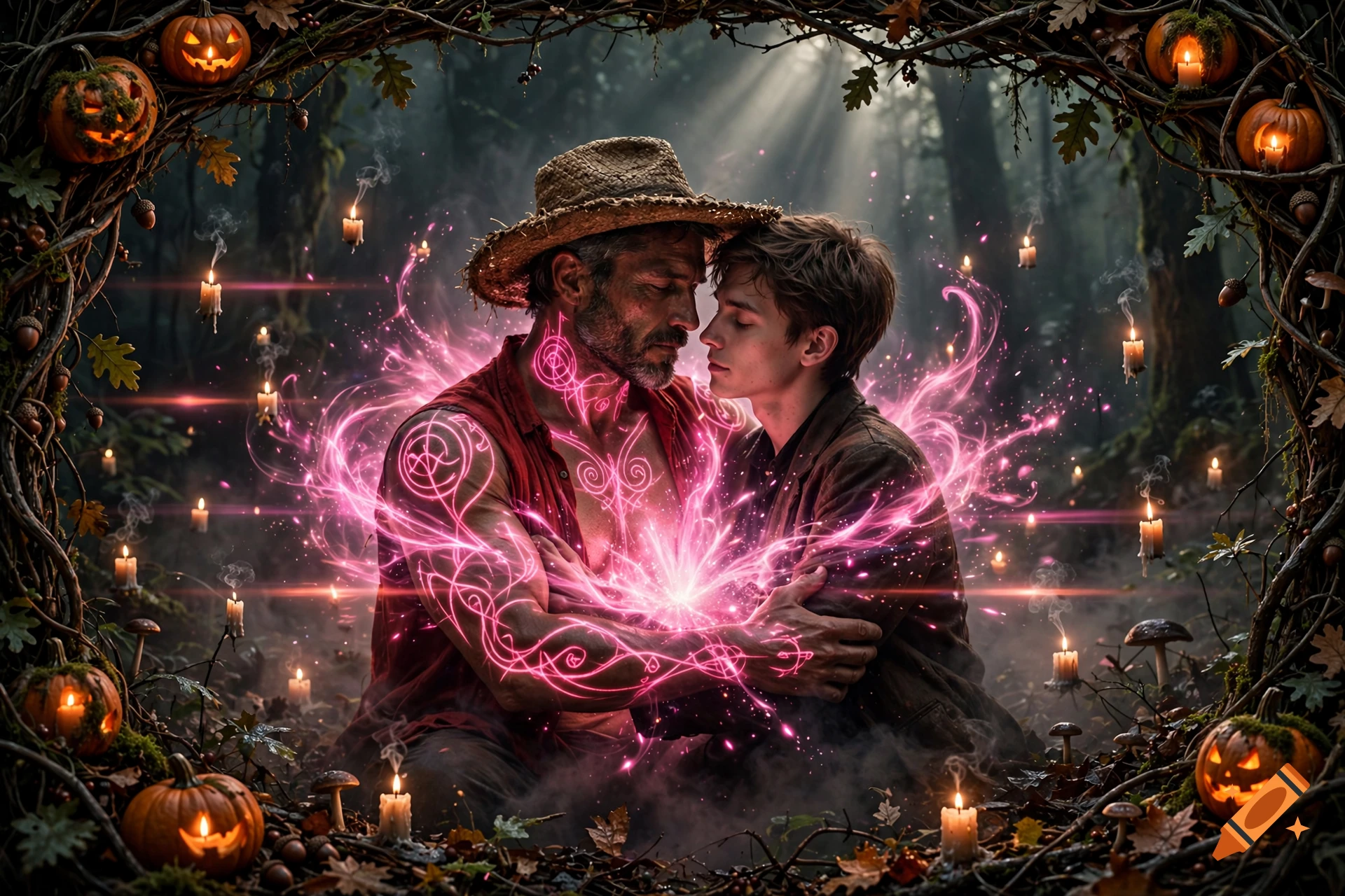 Cinematic fantasy shot of a romantic gay couple embracing in a mystical forest surrounded by pumpkins and candles, photorealistic.